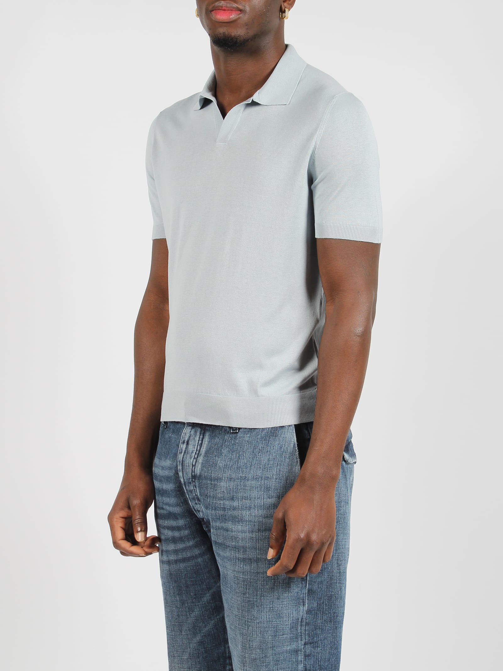 Shop Tagliatore Open Collar Knitted Polo Shirt In Clear Blue