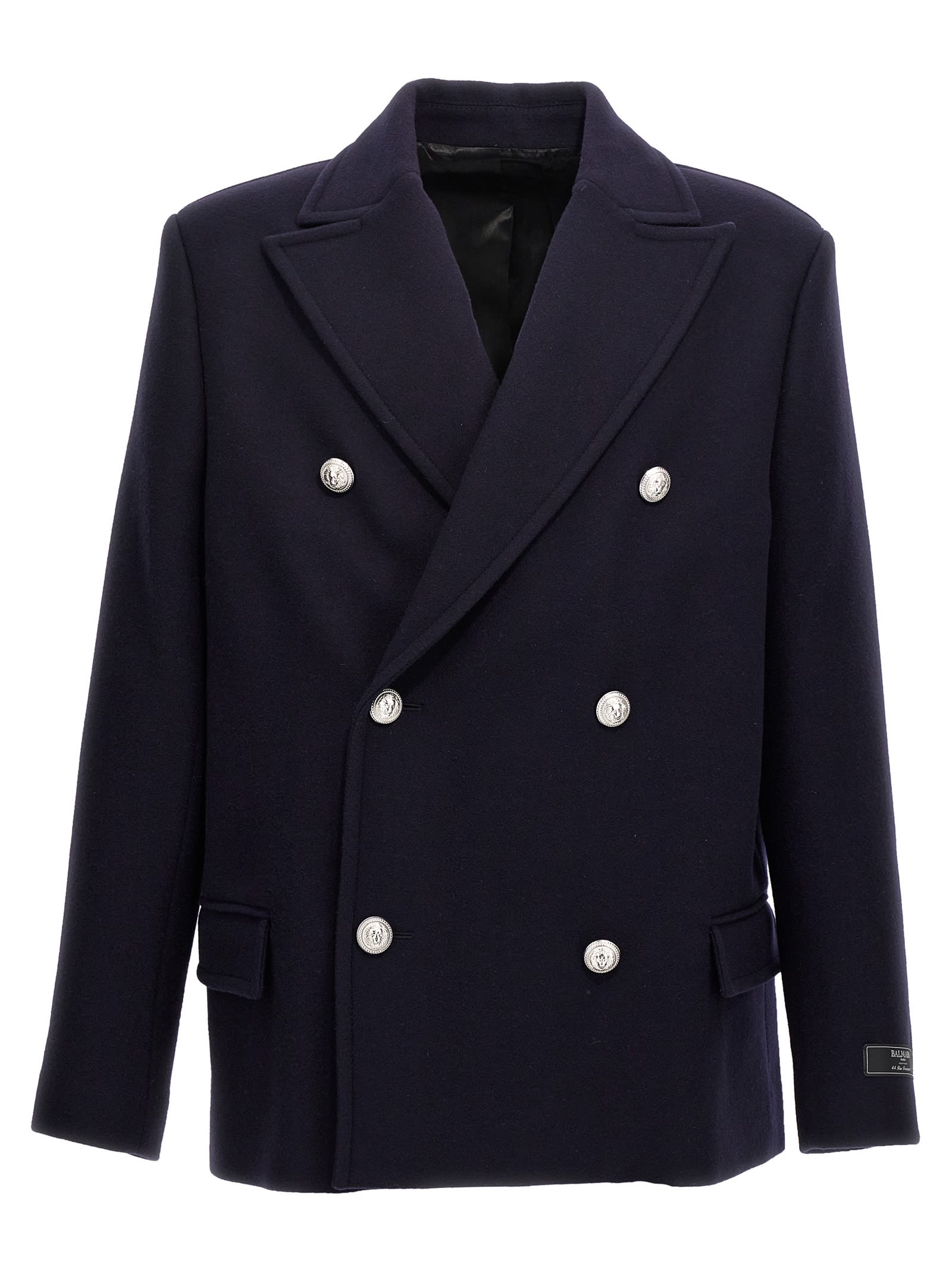 Shop Balmain Double-breasted Coat With Logo Buttons In Blue