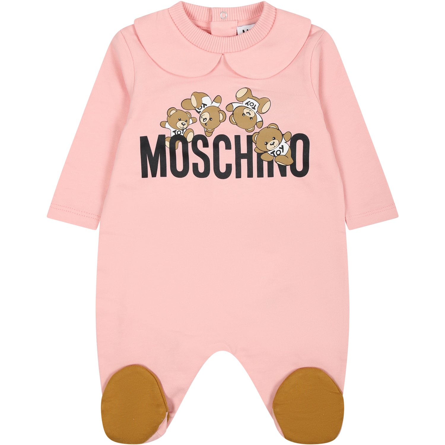 Moschino Pink Jumpsuit For Baby Girl With Logo And Teddy Bear