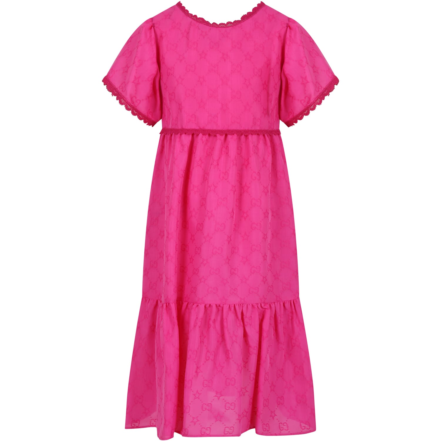 Gucci Kids' Fuchsia Dress For Girl With All-over Double G In Fuxia
