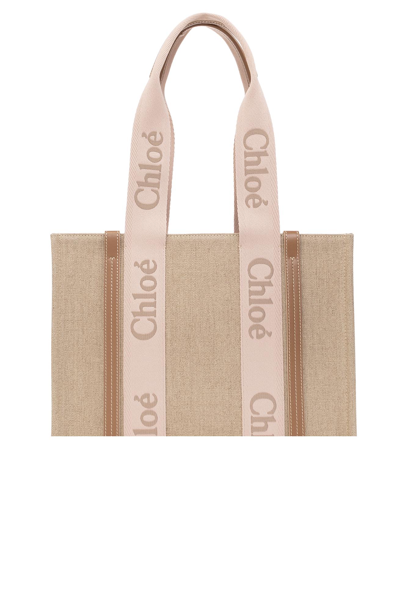 Chloé Pink And Beige Woody Medium Shopping Bag With Shoulder Strap