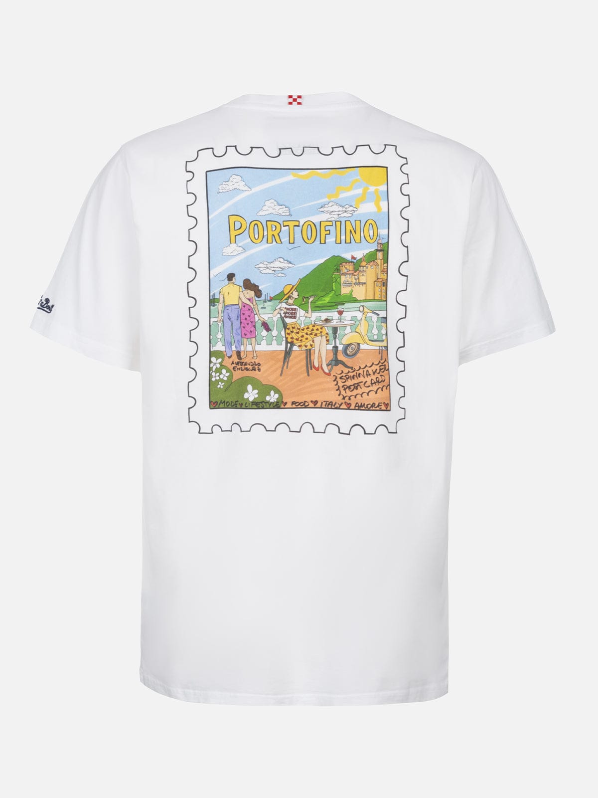 Mc2 Saint Barth Man Cotton T-shirt With Portofino Postcard Front And Back Print Alessandro Enriquez Special Edition In White