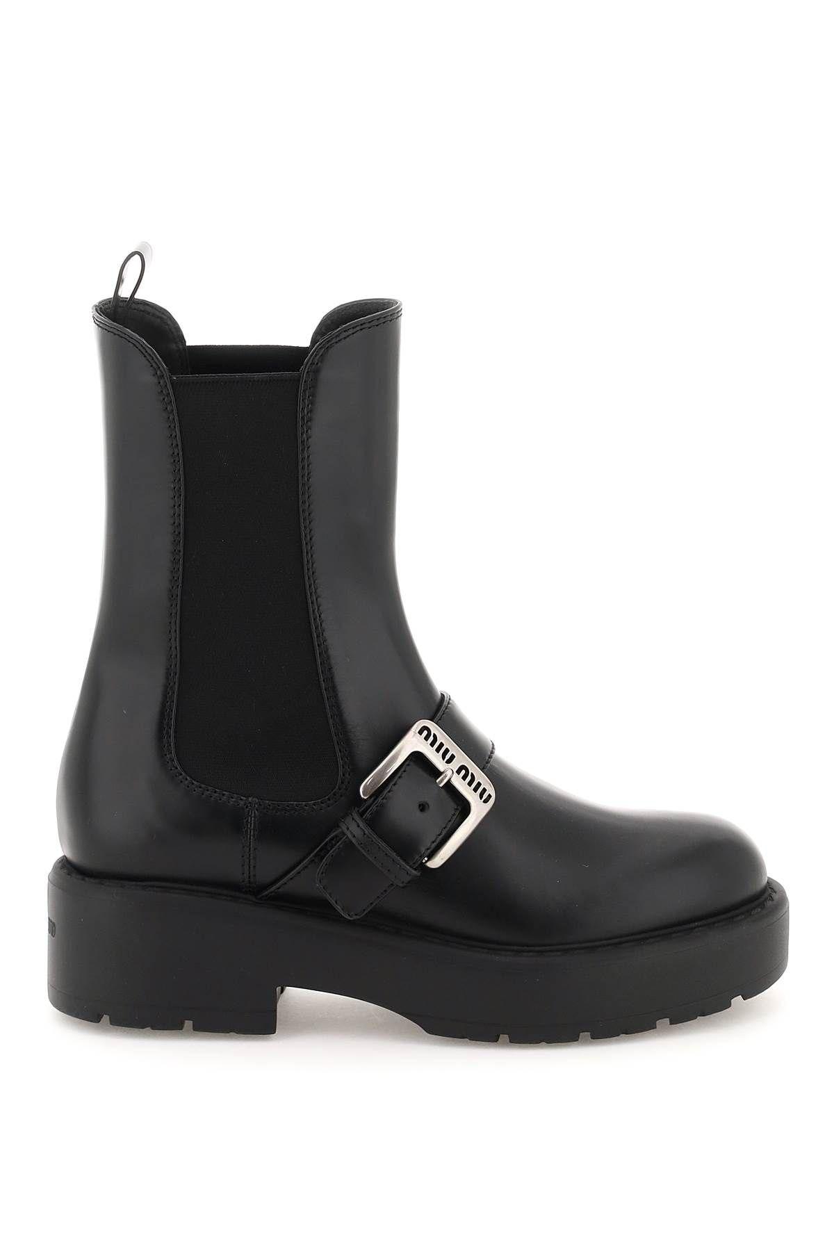 Miu Miu Leather Ankle Boots With Logo Buckle