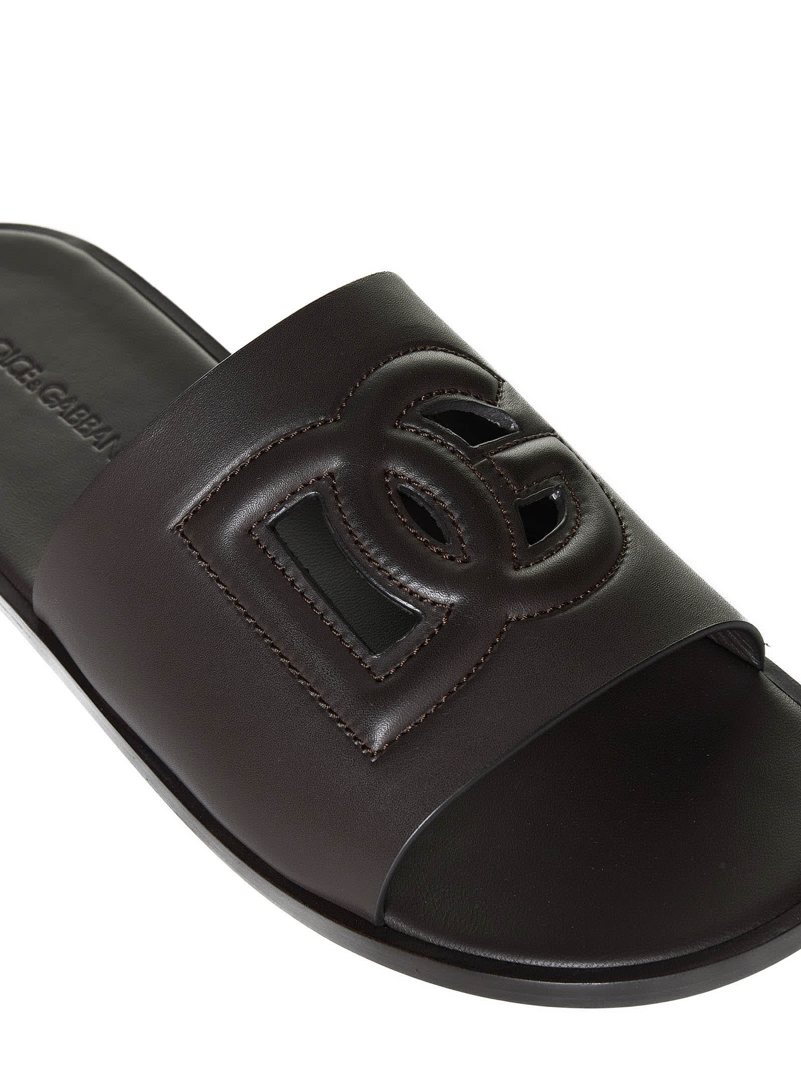 Dolce & Gabbana Black Sandals With Dg Logo Cut-out In Leather Man In Cioccolato Fondente