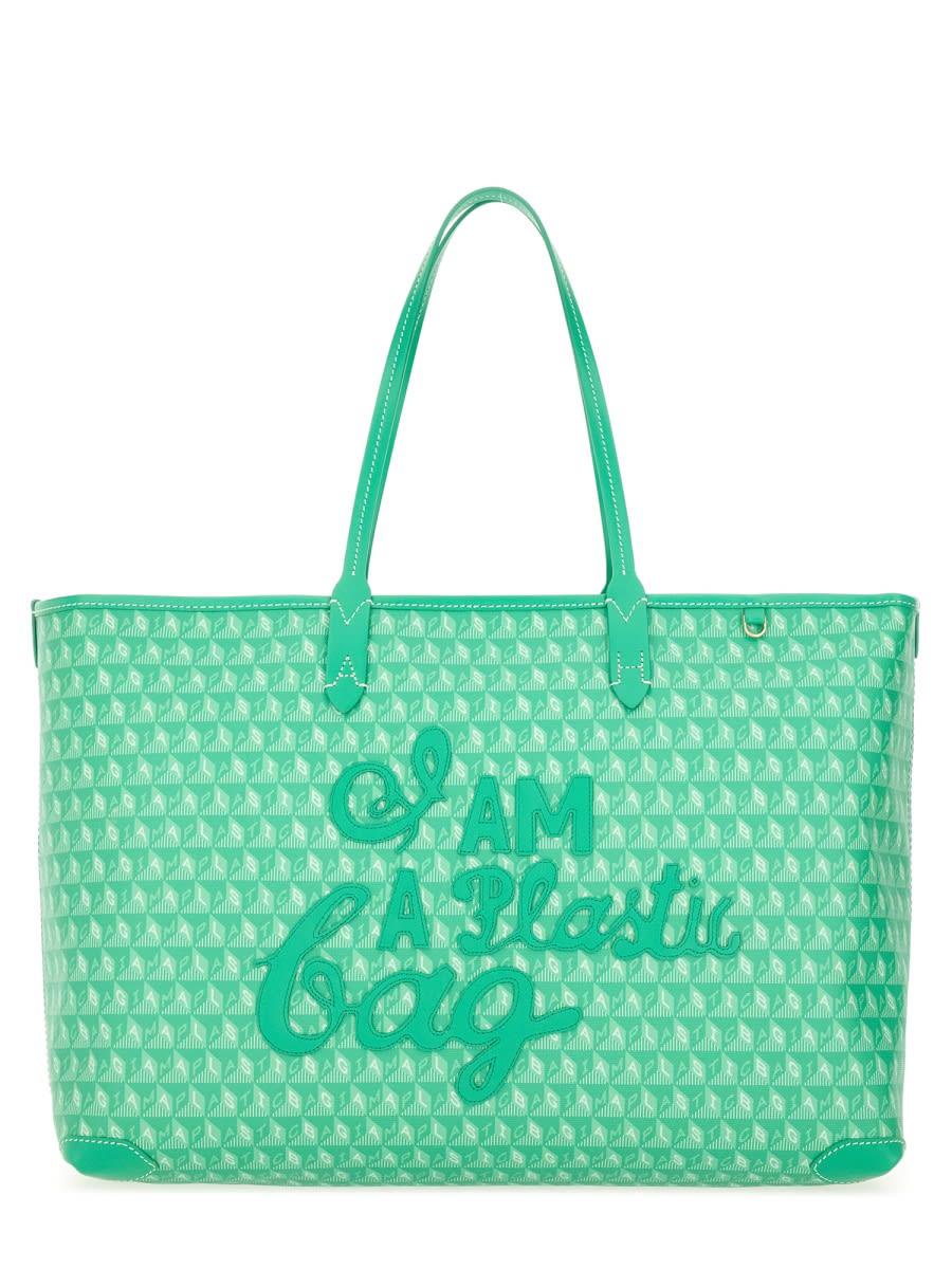 Anya Hindmarch Tote Bag With Bold Script And Textured Pattern In Green