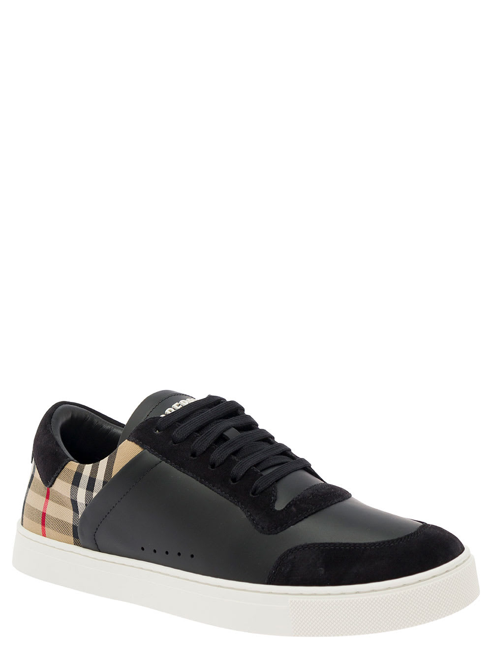 Shop Burberry Black Sneakers With Suede Details And Check Motif In Leather Blend Man
