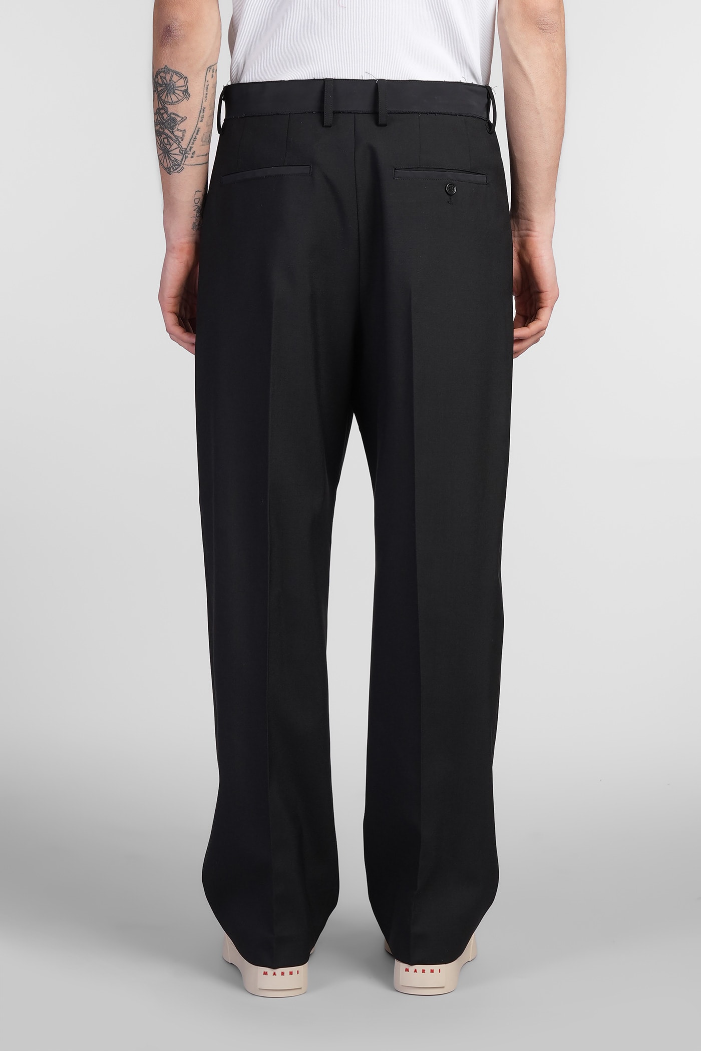 Marni Deep Blue Tropical Wool Trousers With Drawstring Waist In Black