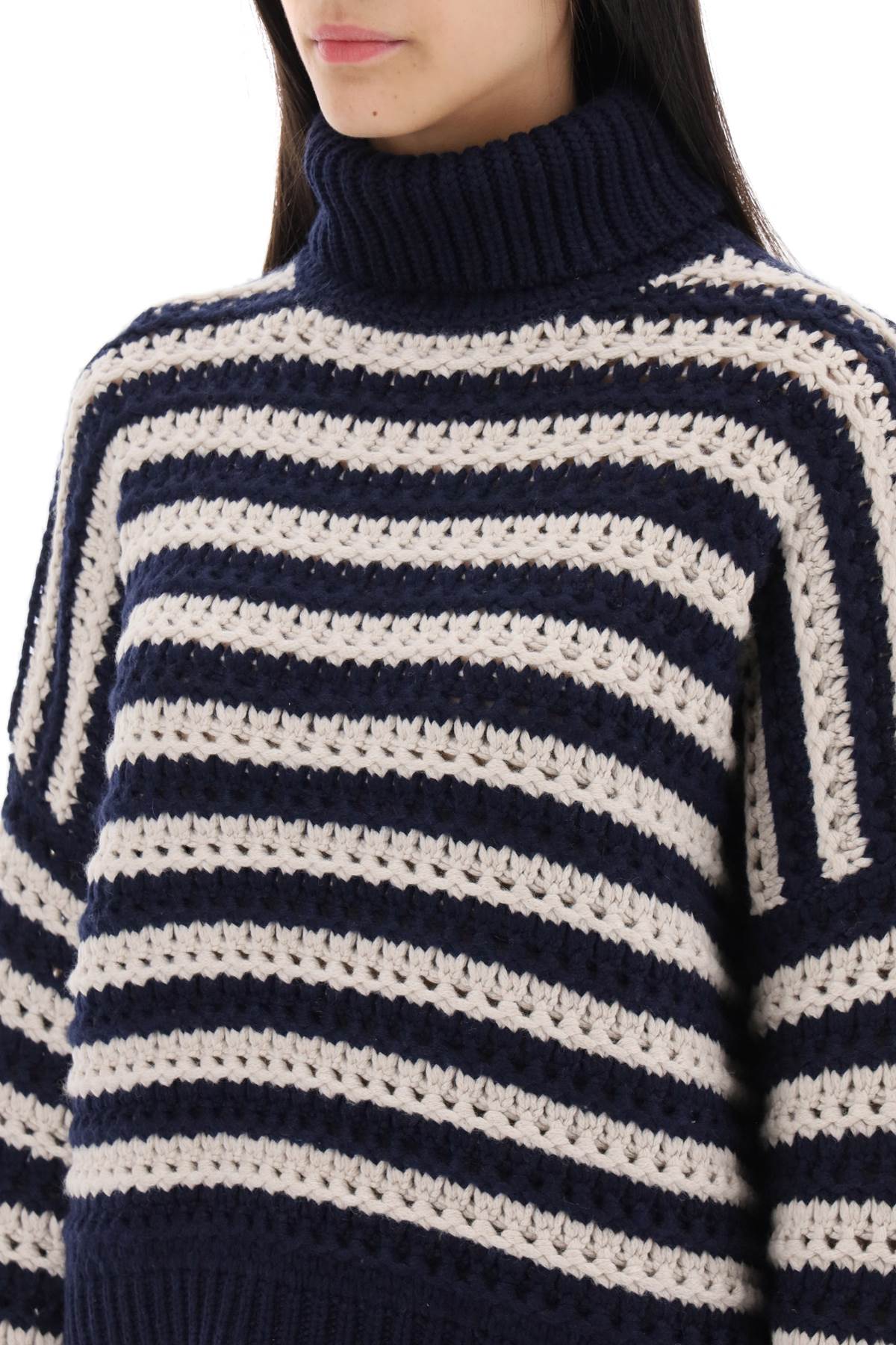 Brunello Cucinelli Striped Sweater In Wool And Cashmere In Navy + Feather (beige)