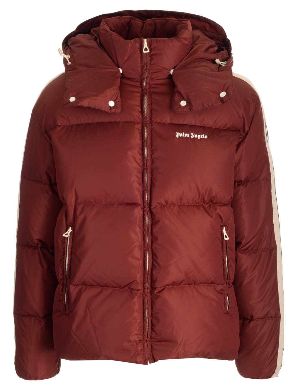 Shop Palm Angels Hooded Down Jacket In Burgundy