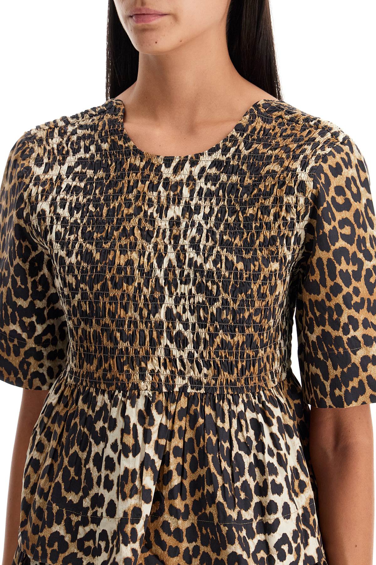 Shop Ganni Organic Cotton Top Smock For In Leopard (beige)