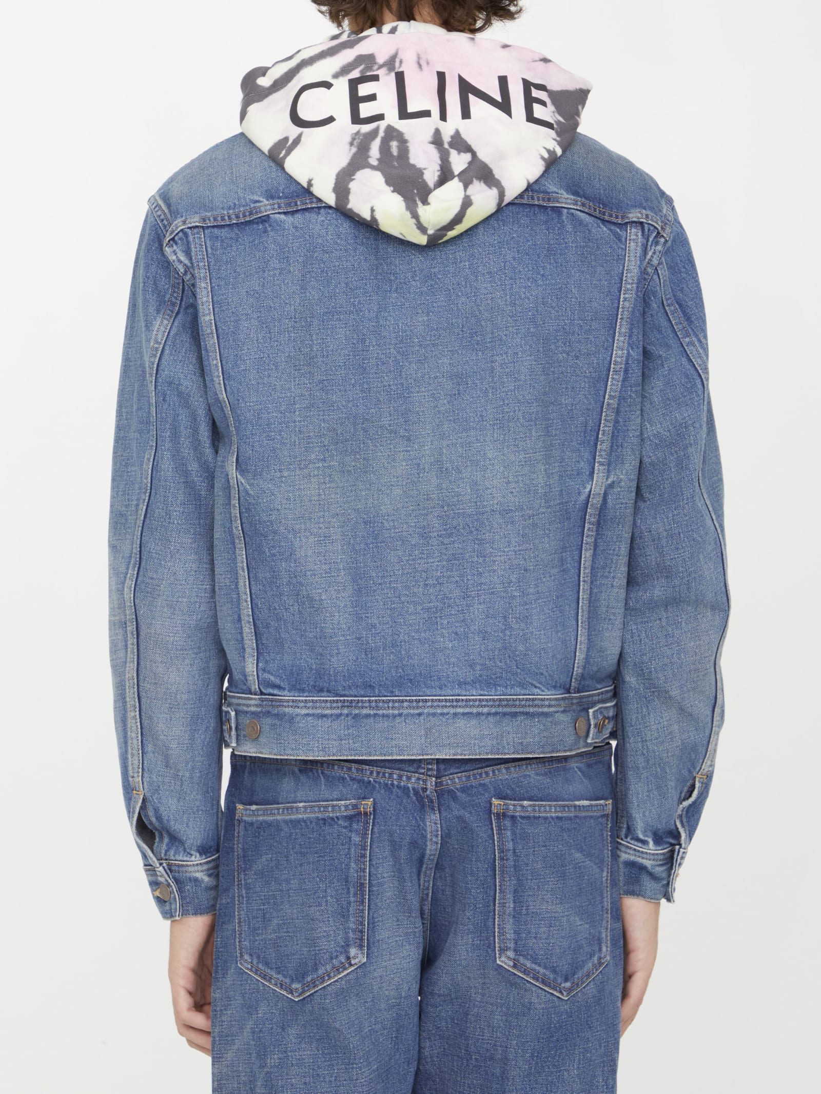 Shop Celine Denim Jacket With Tie-dye Hood