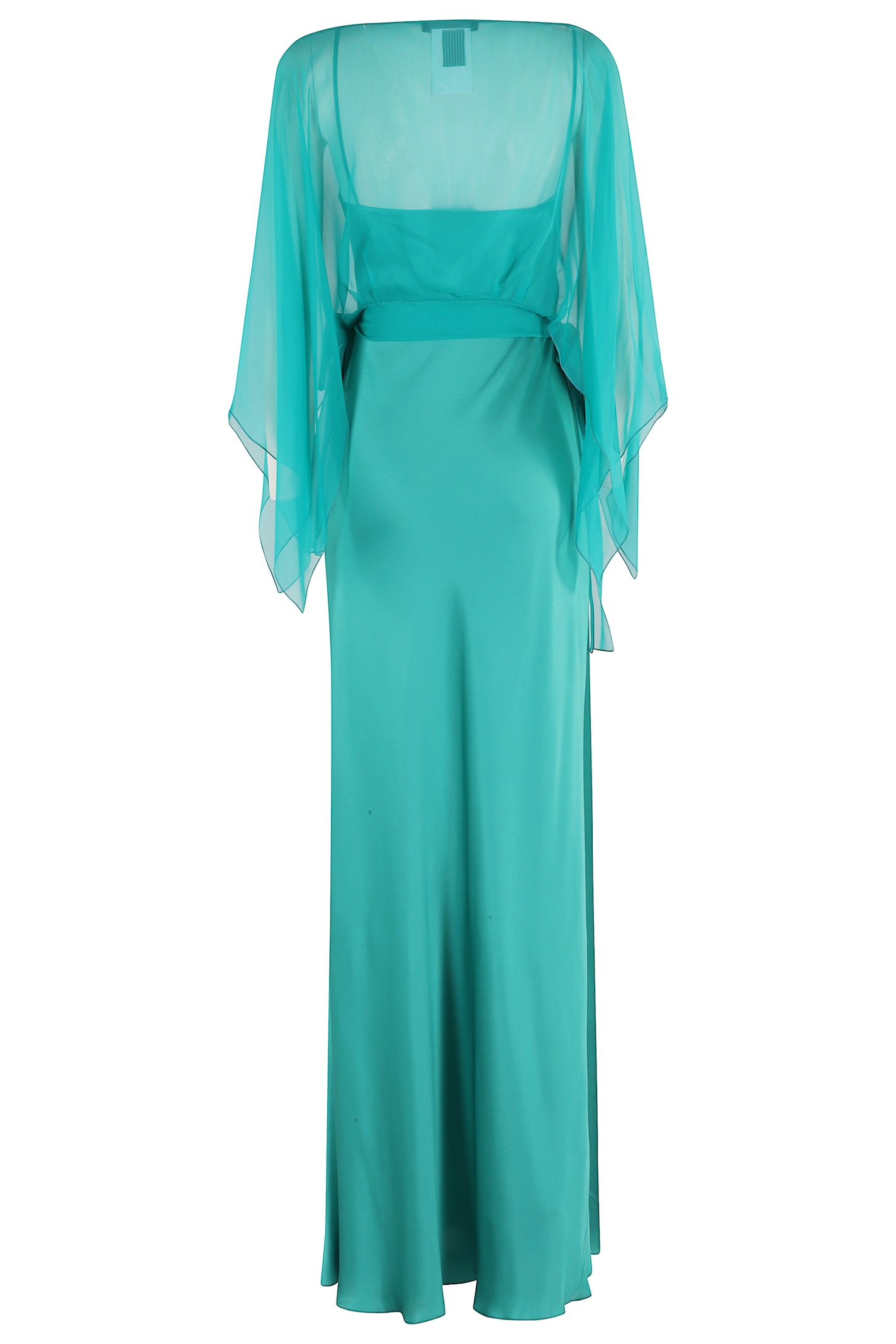 Alberta Ferretti Satin Evening Dress With Flowing Chiffon Cape In Verde