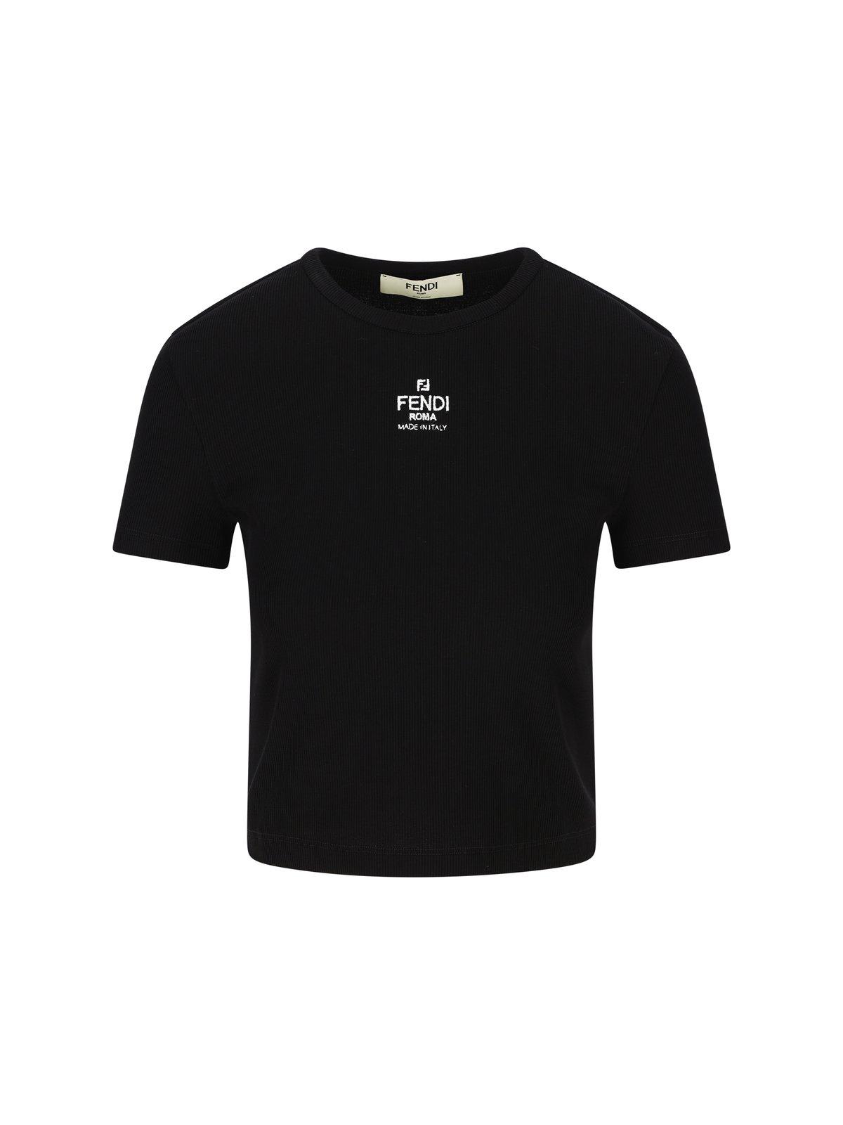 Shop Fendi Logo Embroidered Crewneck Cropped T-shirt In Black