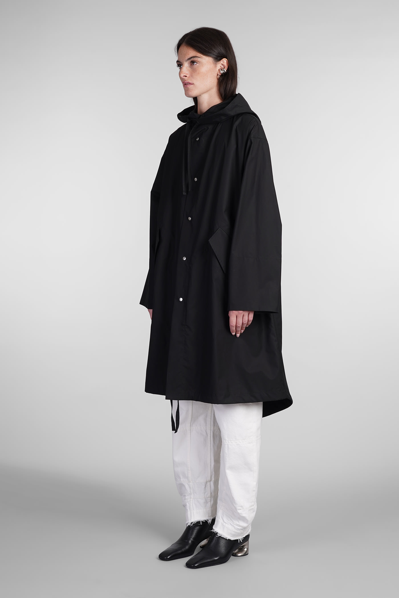 Jil Sander Hooded Midi Parka With Drawstring Waist In Black