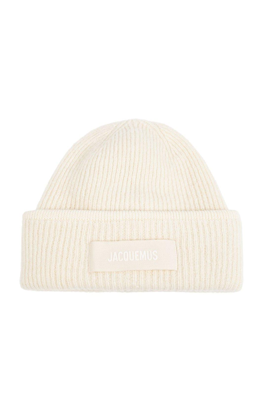 Shop Jacquemus Logo Patch Ribbed Beanie In Ivory