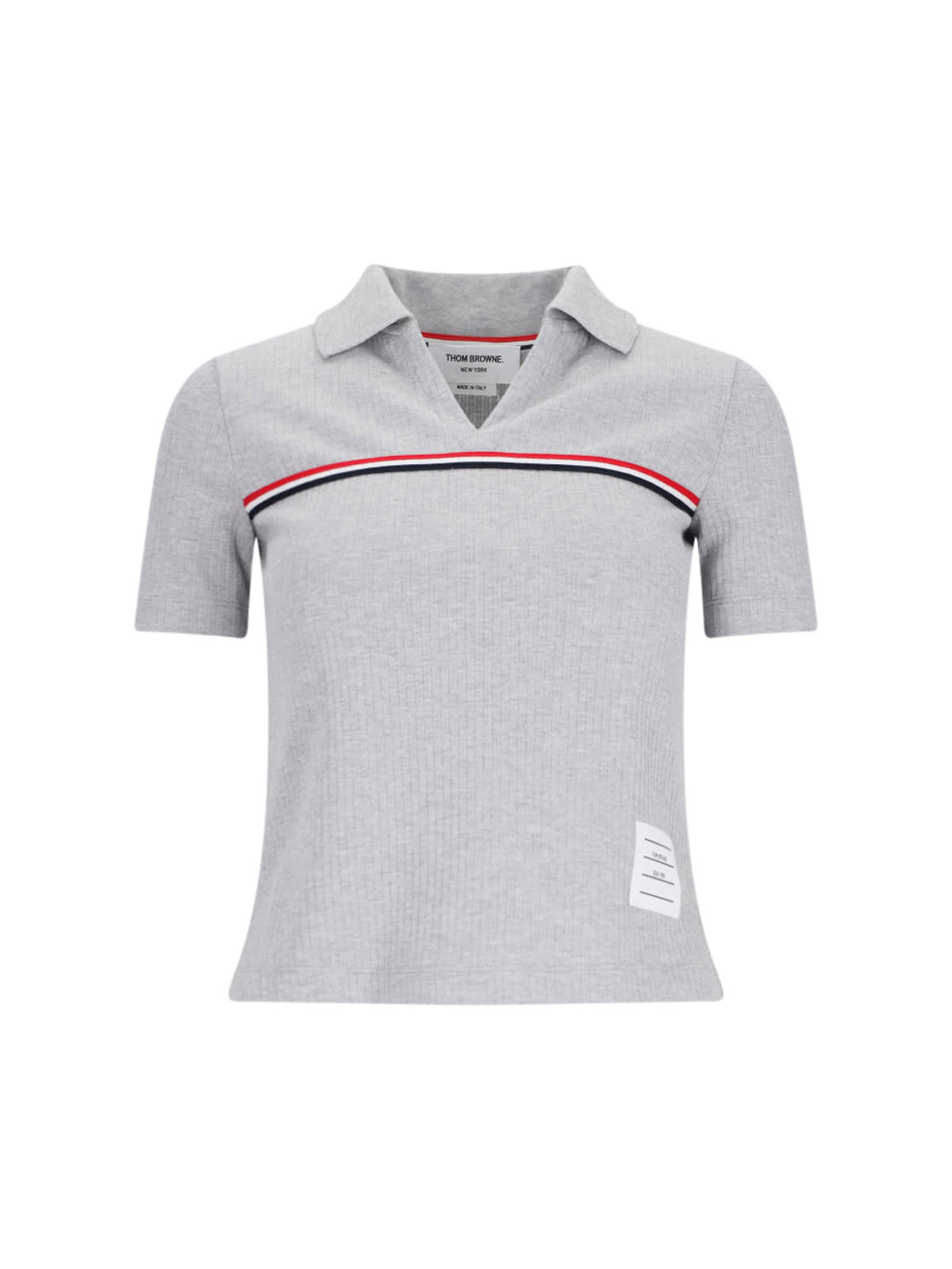 Shop Thom Browne Three Stripes Knit Polo Shirt In Gray