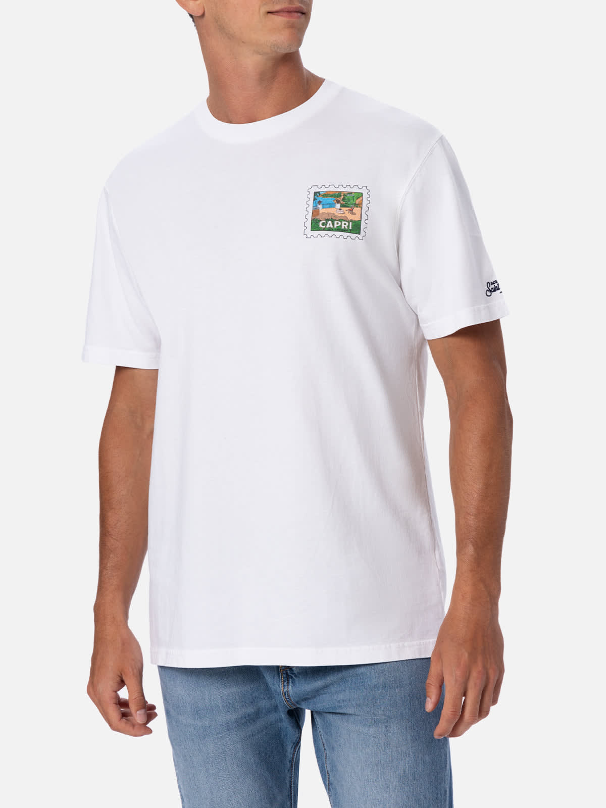 Mc2 Saint Barth Man Cotton T-shirt With Capri Postcard Front And Back Print Alessandro Enriquez Special Edition In White