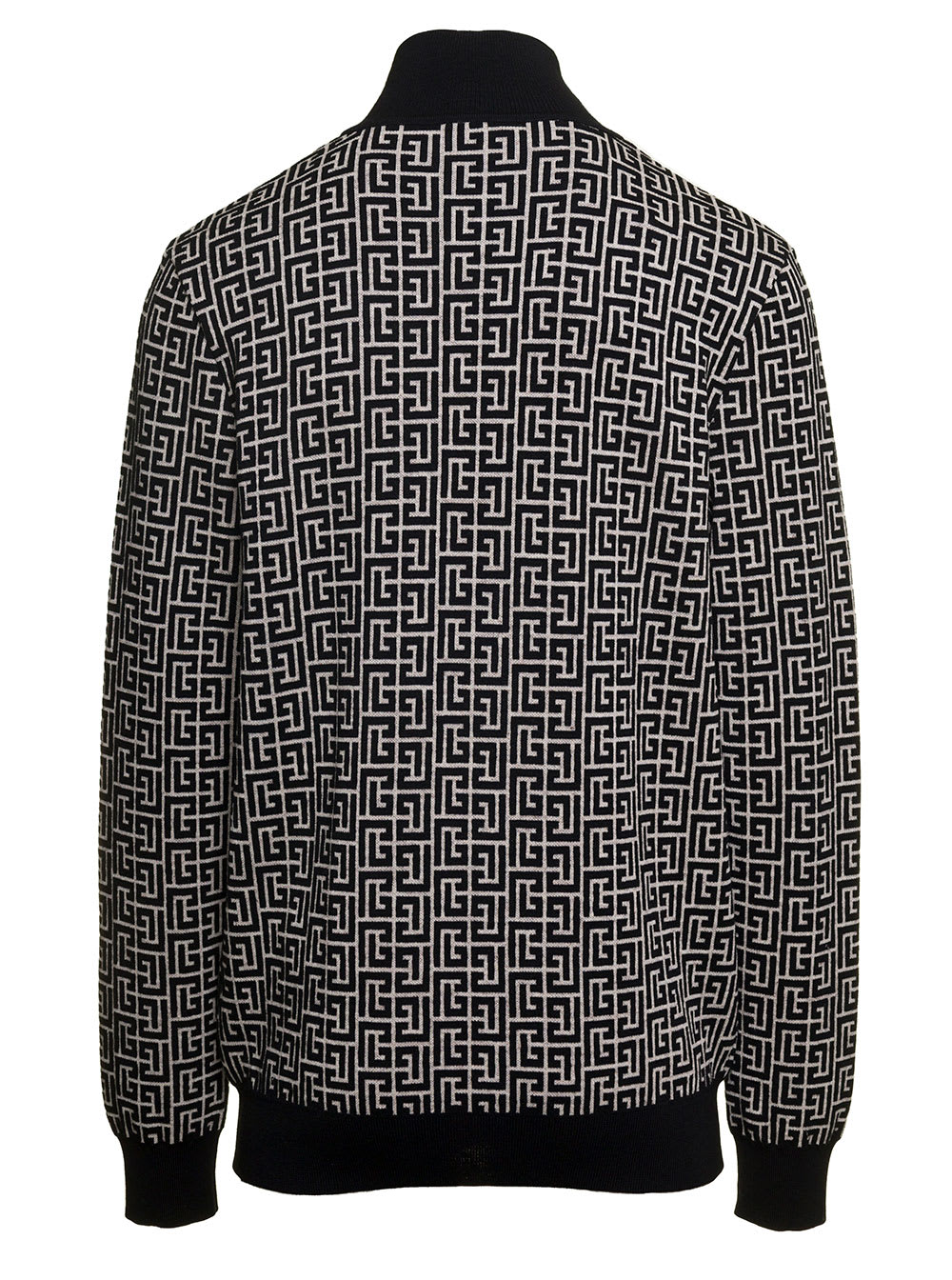 Shop Balmain Black And White Sweater With All-over Monogram In Wool And Linen Man