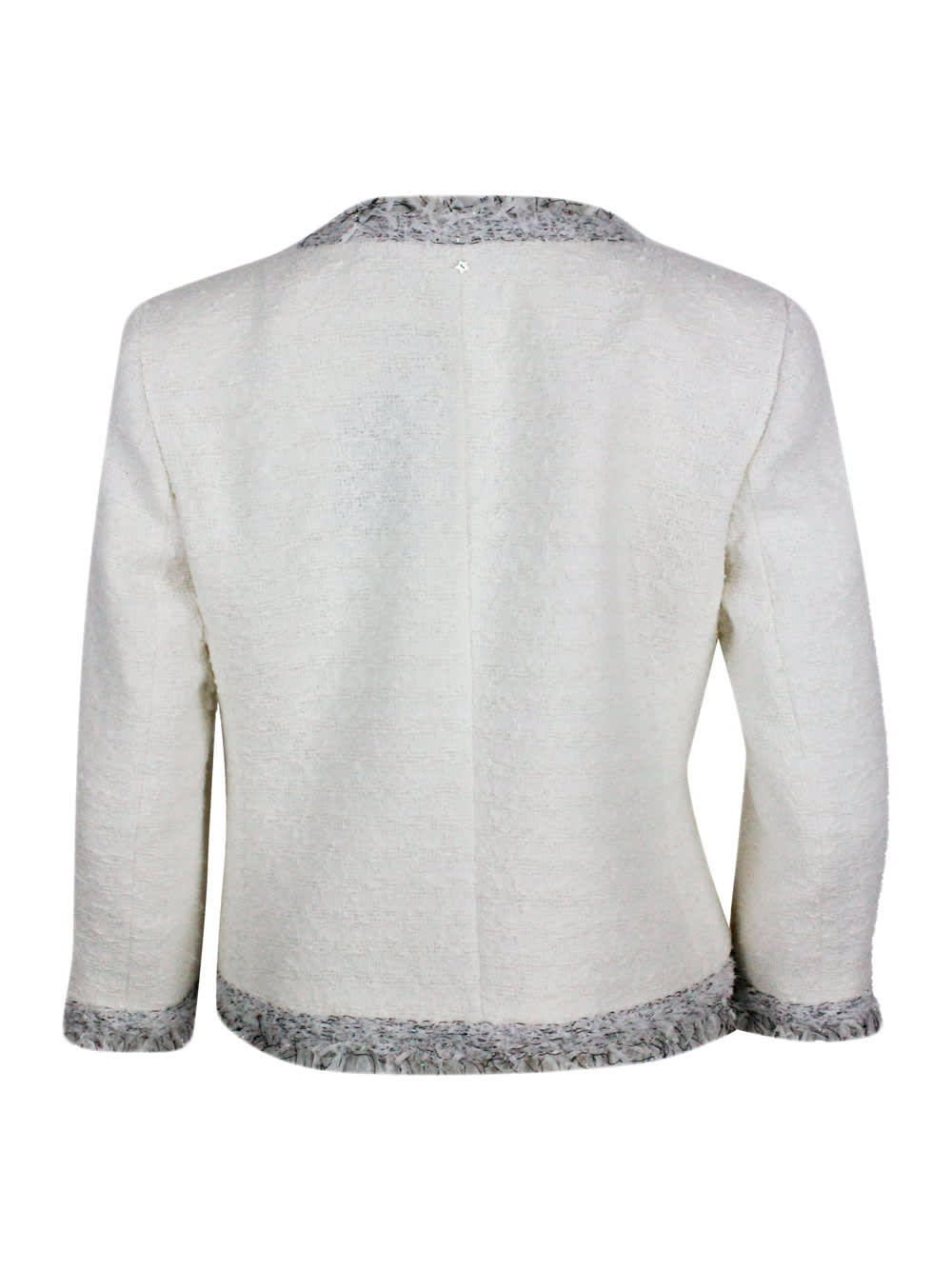 Shop Lorena Antoniazzi Chanel-style Jacket With Long Sleeves And Mandarin Collar In Worked Cotton With Ribbon Applications  In Cream
