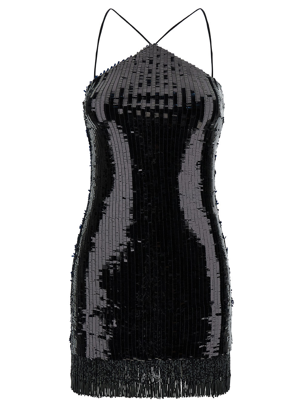 Shop Taller Marmo Min Black Dress With All-over Sequins And Fringes In Fabric Woman