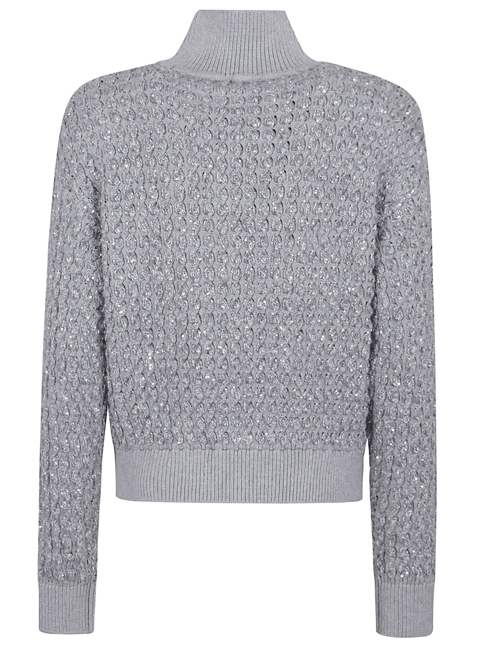 Elisabetta Franchi Cable Knit Tricot Sweater With Sequined Inserts And High Neck In Gray
