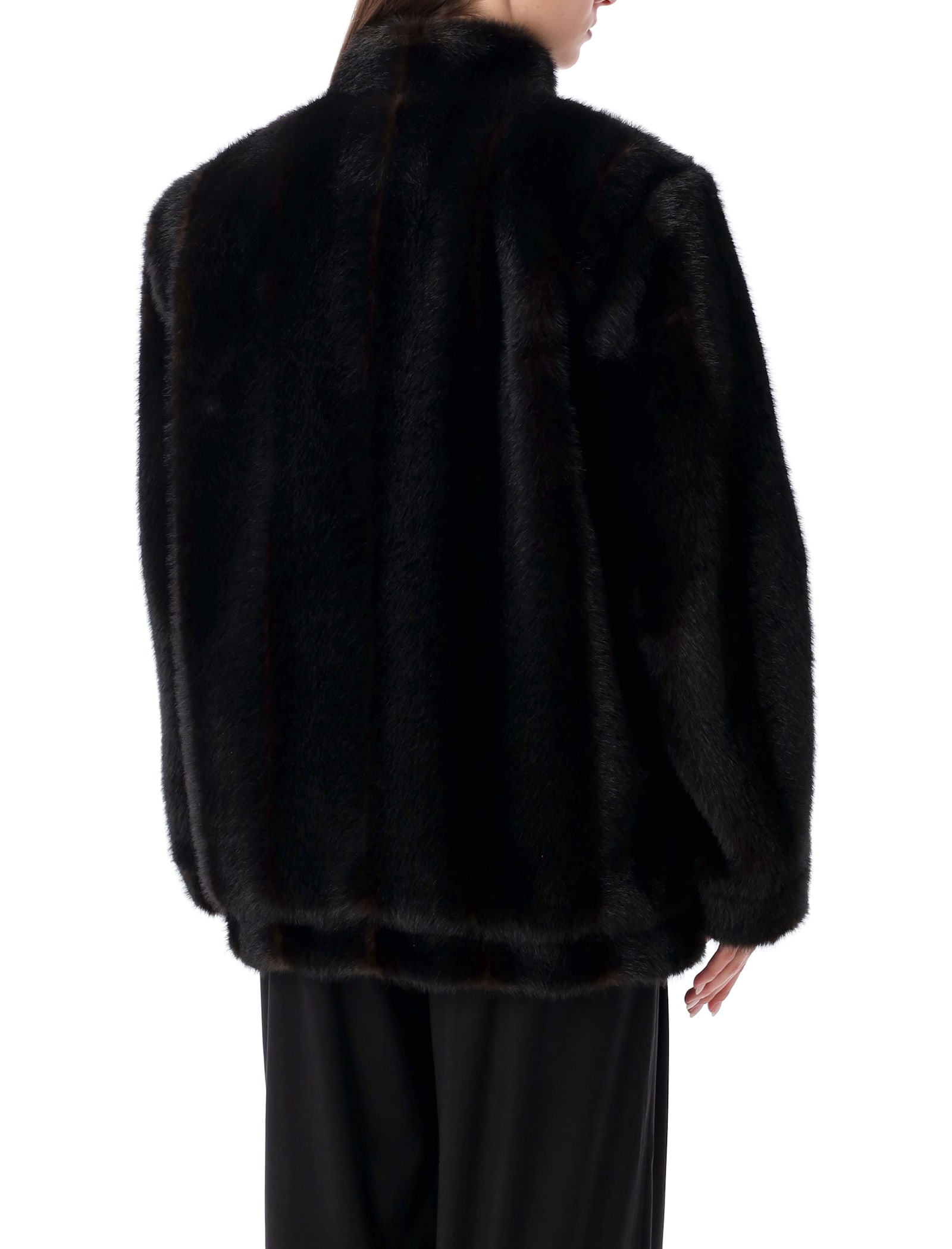 Mm6 Maison Margiela Plush Black Faux Fur Jacket With High Collar And Relaxed Fit In Brown