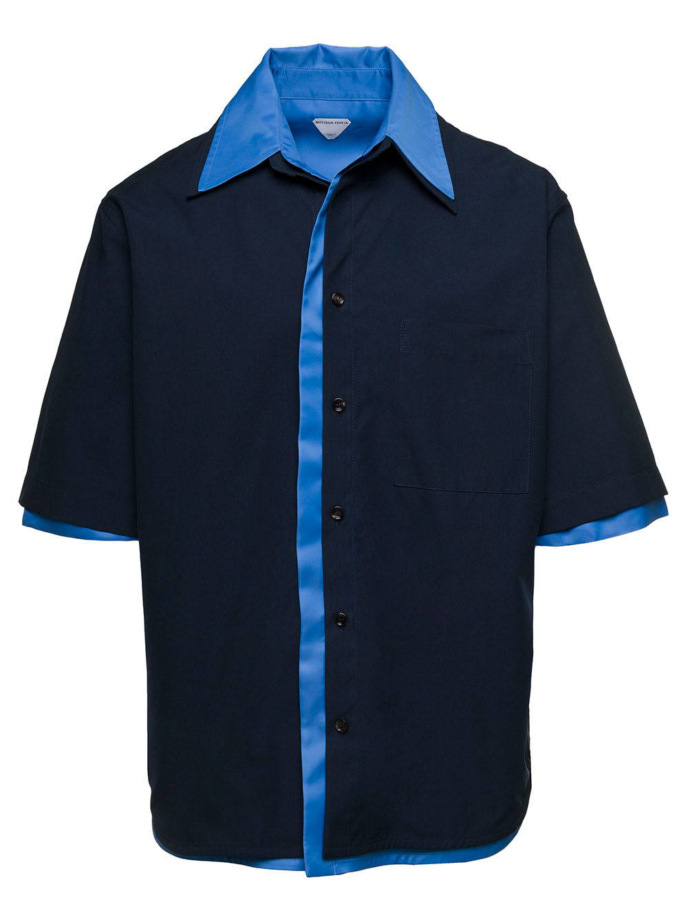 BOTTEGA VENETA LIGHT BLUE AND BLUE DOUBLE LAYER SHIRT WITH SHORT SLEEVES IN COTTON MAN