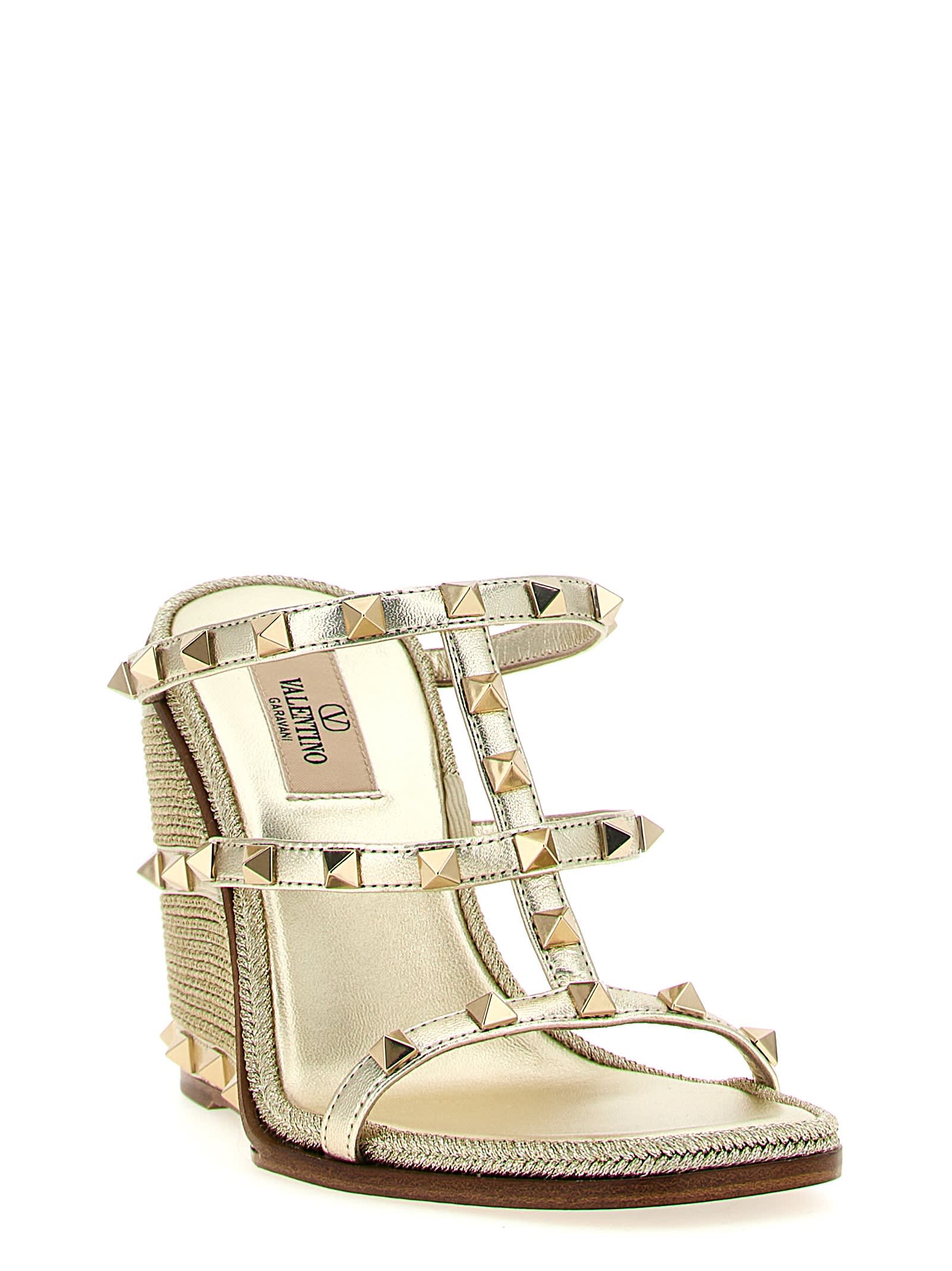 Valentino Rockstud Espadrilla Slide In Gold