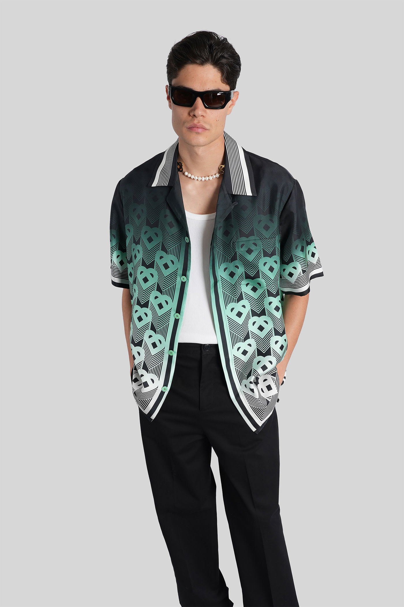 Casablanca Men Gradient Monogram Short Sleeve Silk Shirt In Green