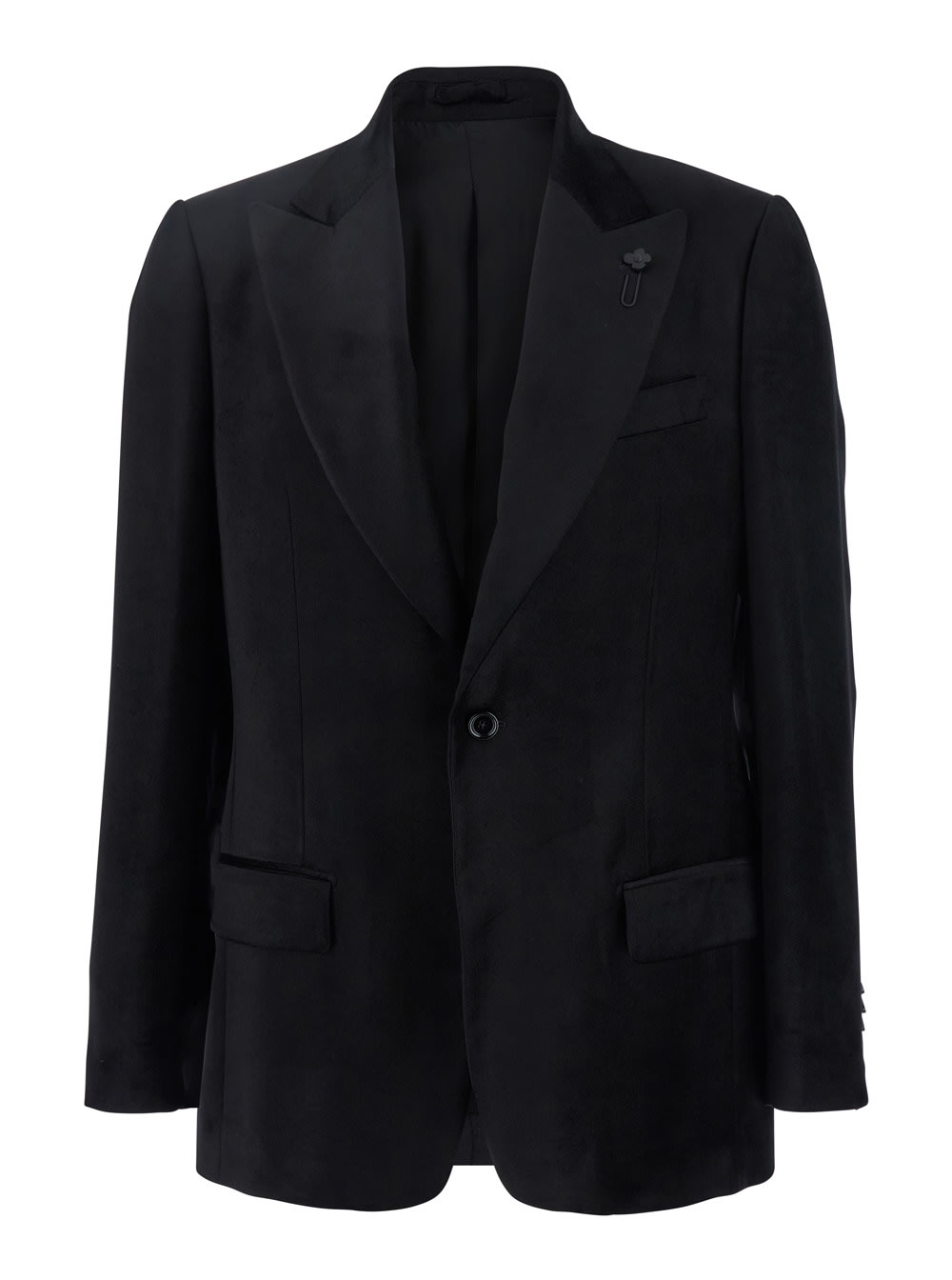 Lardini Black Single Breasted Jacket Witg Pointed Lapels In Velvet Man