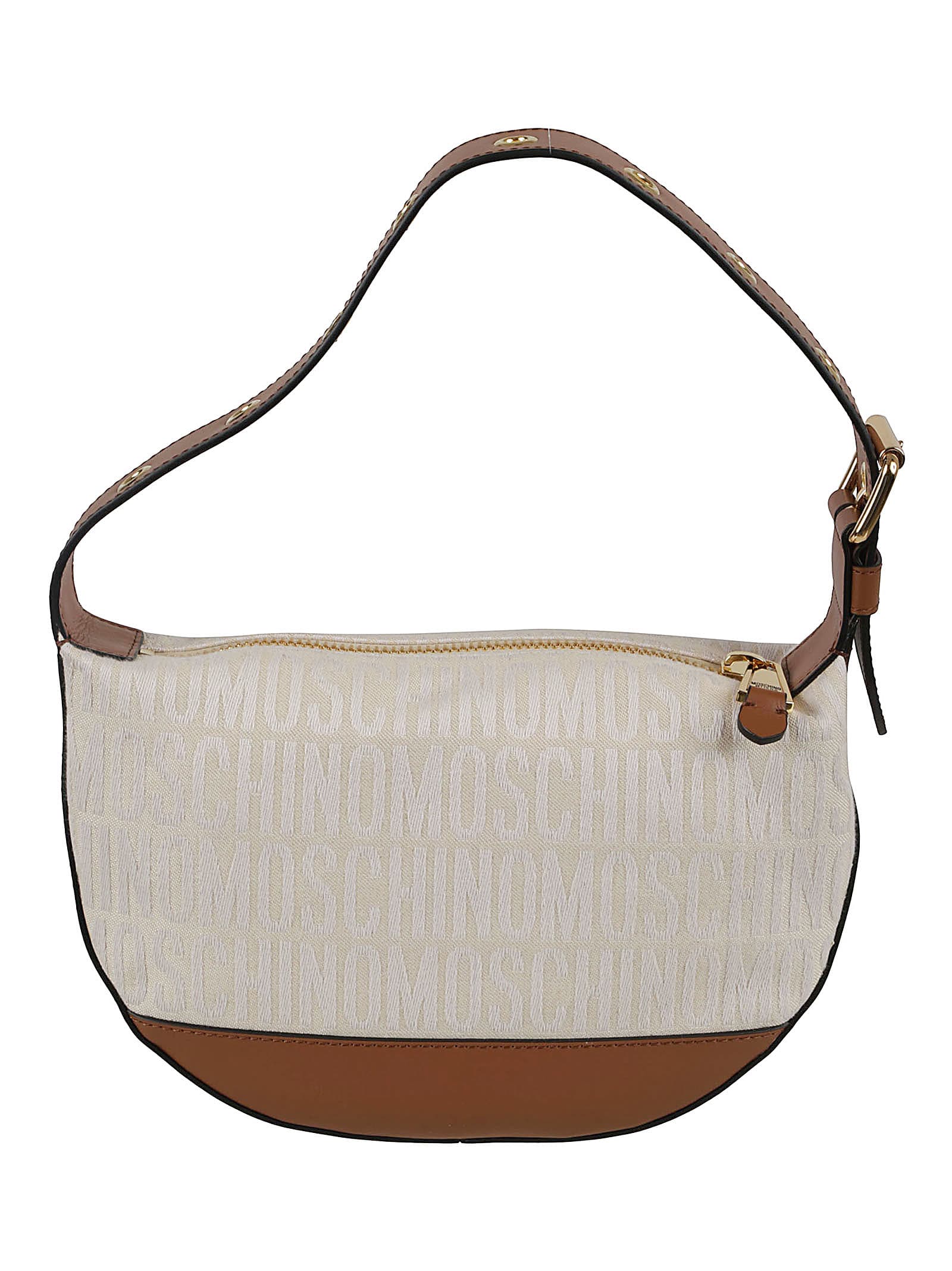 Shop Moschino Canvas Jacquard Logo Shoulder Bag In Ivory