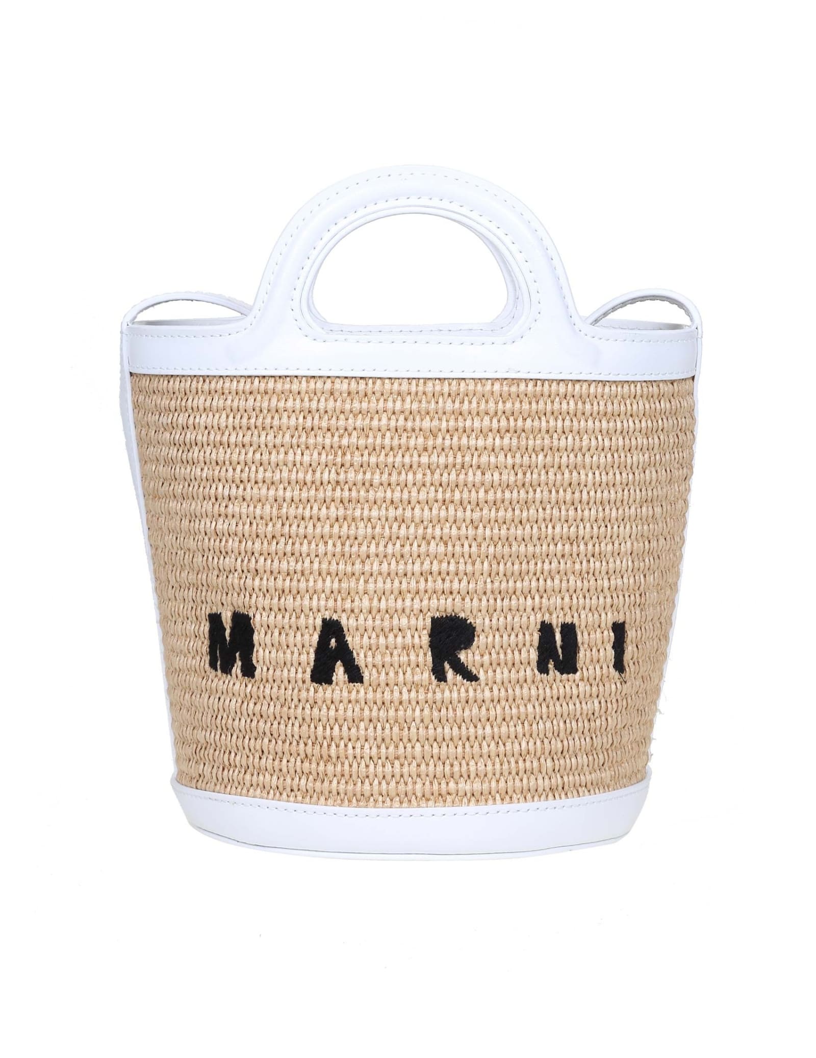 Marni Mini Bucket In Raffia And Leather With Embroidered Logo