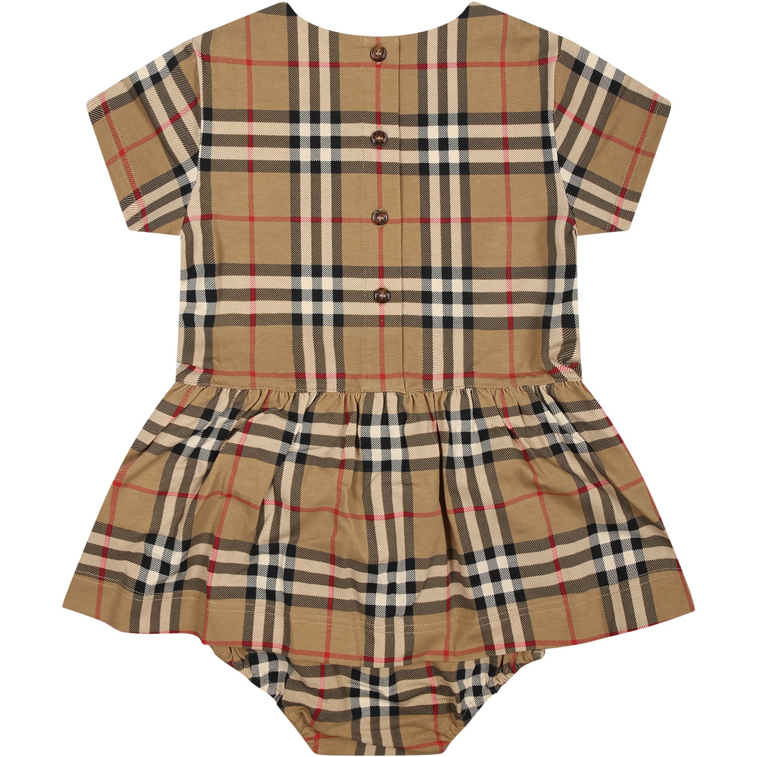 Shop Burberry Beige Dress For Baby Girl With Iconic All-over Vintage Check