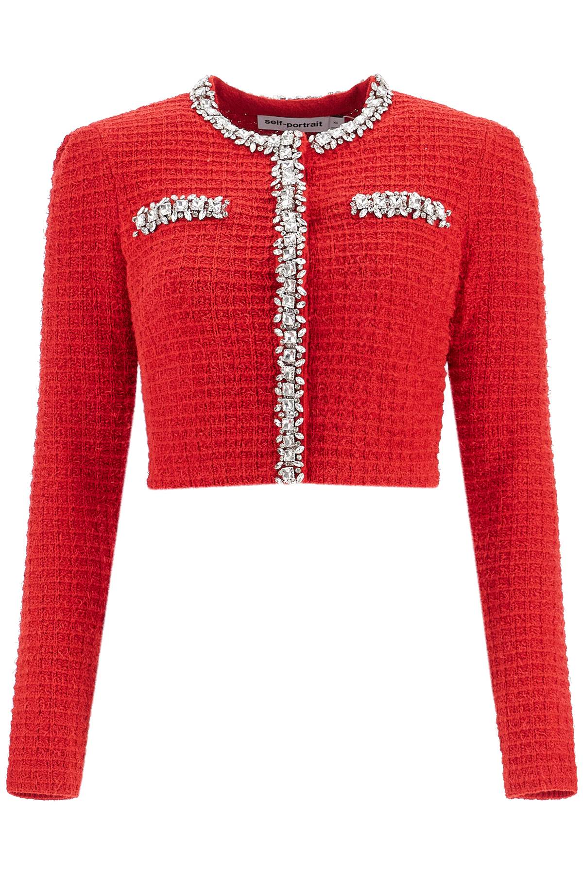 Shop Self-portrait Short Cardigan With Crystals In Red (red)