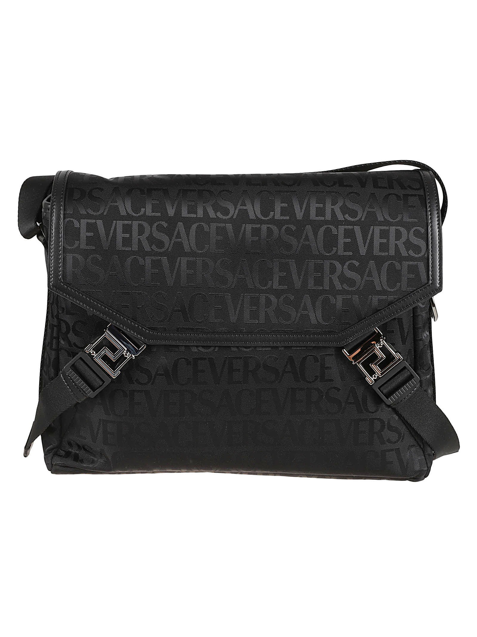 Versace Logo Monogram Shoulder Bag In Black-ruthenium