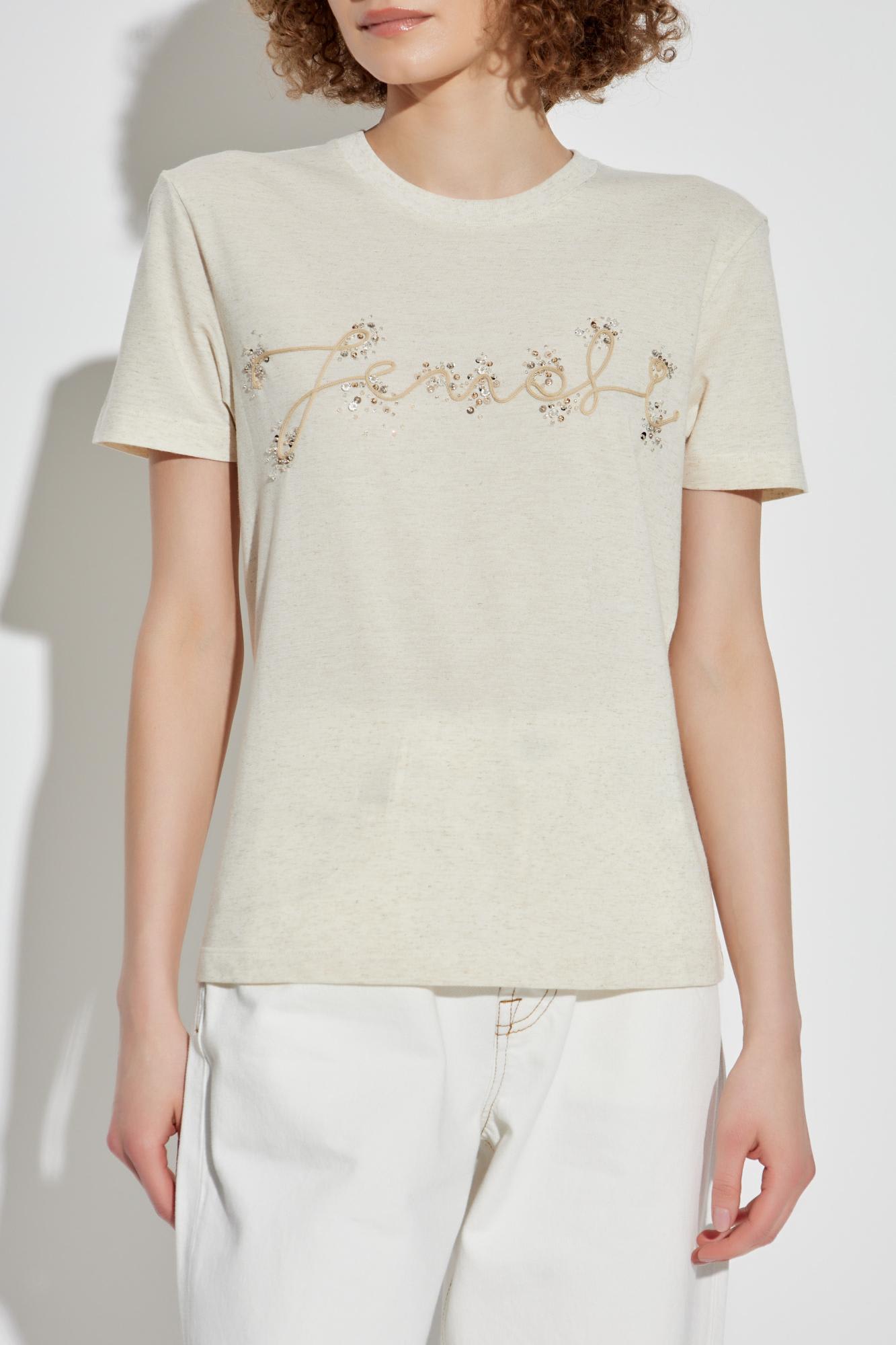 Tシャツ・カットソー Fendi Beige Cotton And Linen T-Shirt With Logo FY1257APM4F0QB9_02?wid=2000&