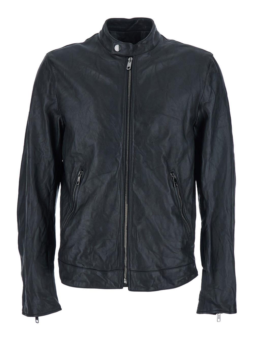 Dolce & Gabbana Black Crewneck Jacket With Two Front Welt Pockets With Zip In Leather Man In Blue