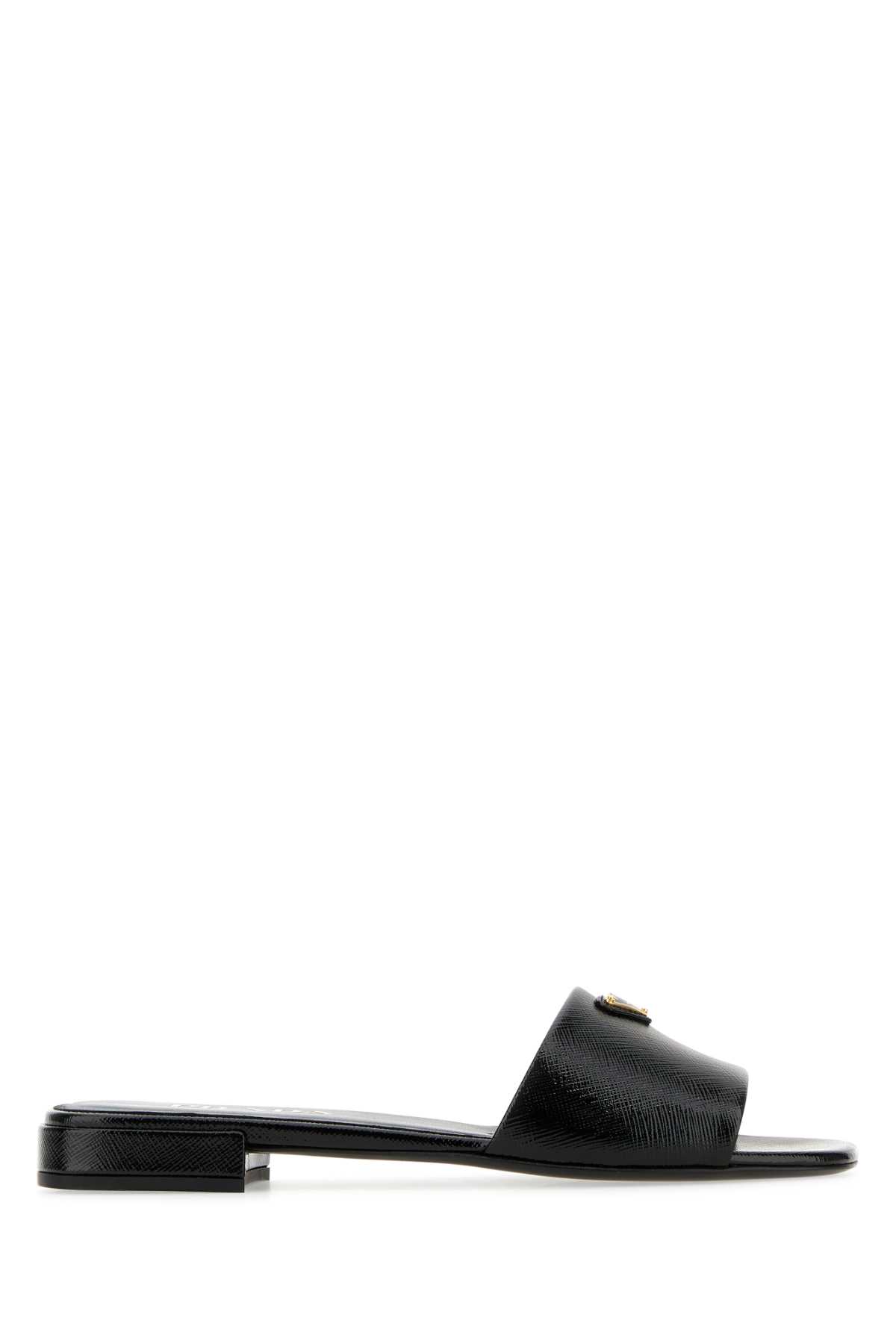 Prada Leather Open Toe Flat Sole Slides In Black