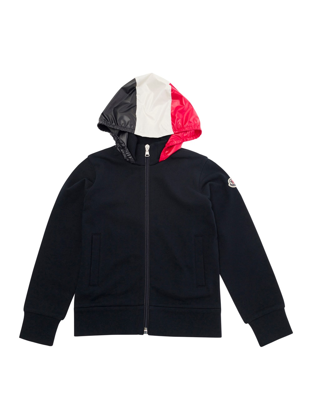 Shop Moncler Black Sweatshirt With Tricolor Hood In Tech Fabric Boy In Blu