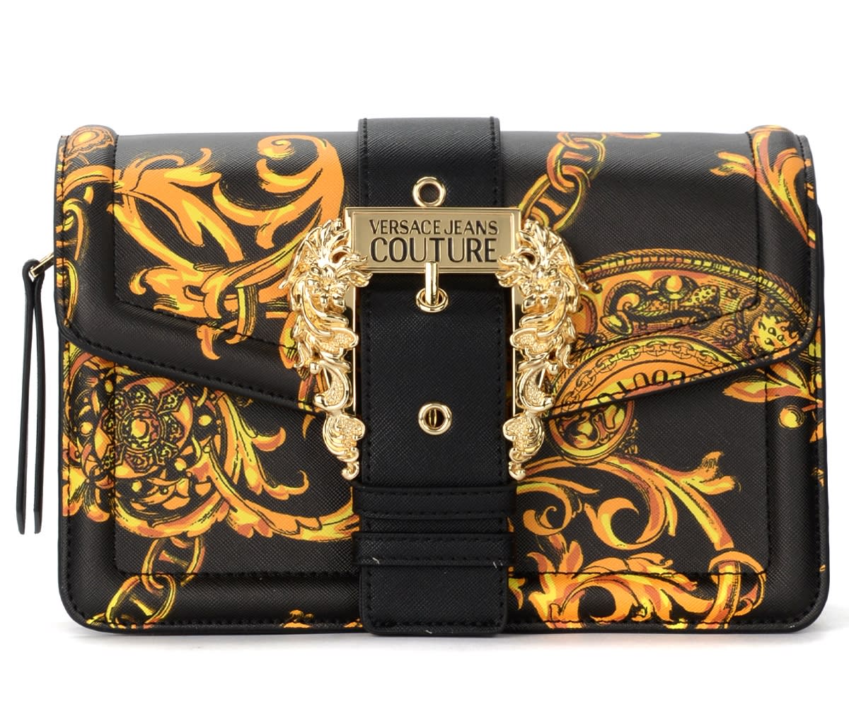 Versace Jeans Couture Shoulder Bag In Black Vegan Leather With Baroque Print