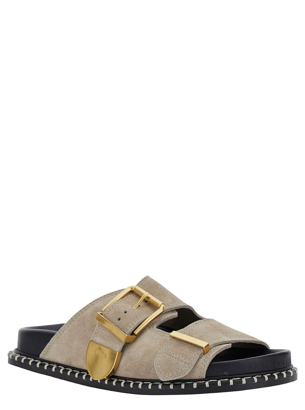 Shop Chloé Rebecca Beige Flat Sandals With Oversized Buckle In Suede Woman