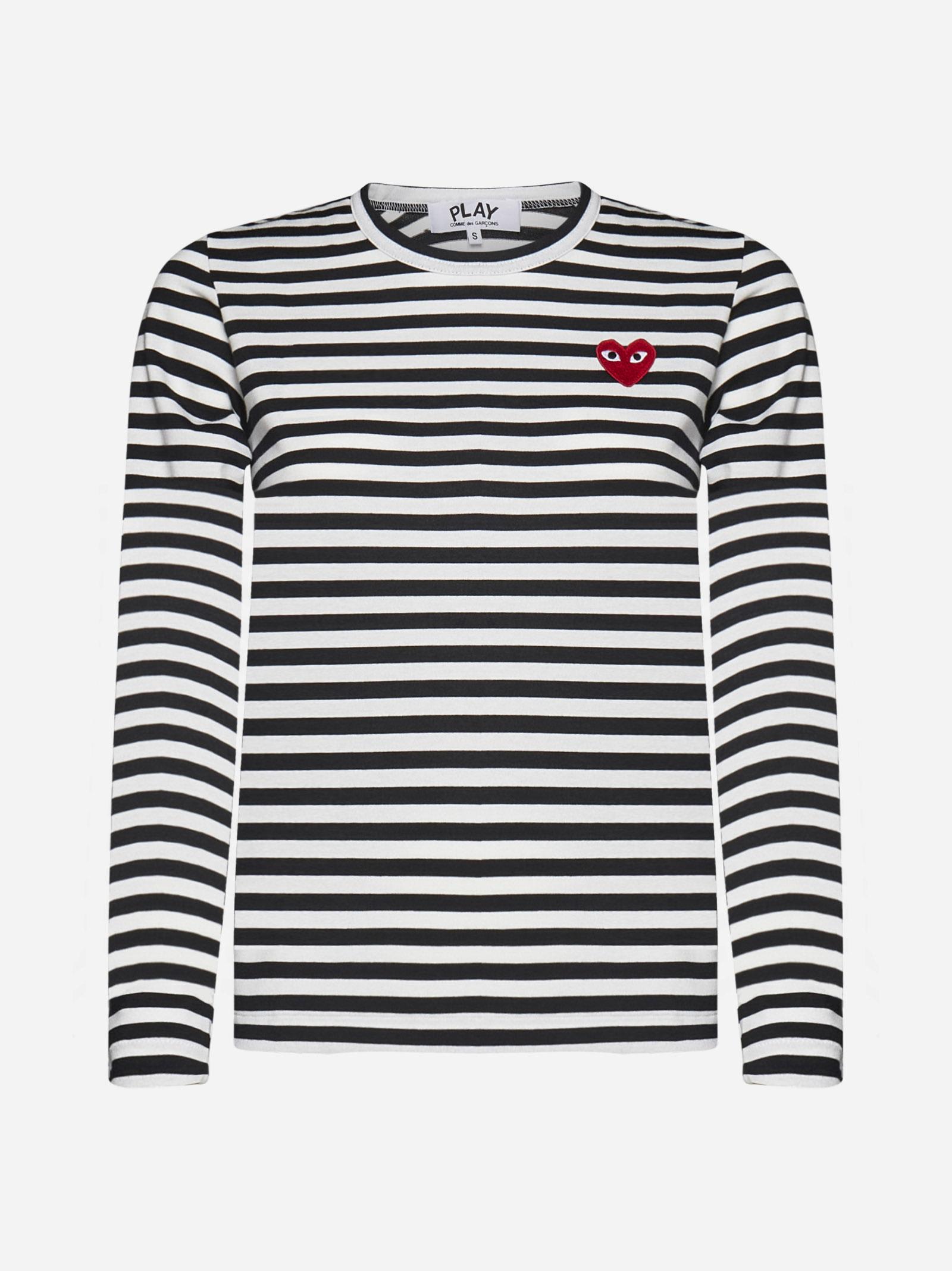 Shop Comme Des Garçons Play Patch-logo Striped Cotton T-shirt In Black