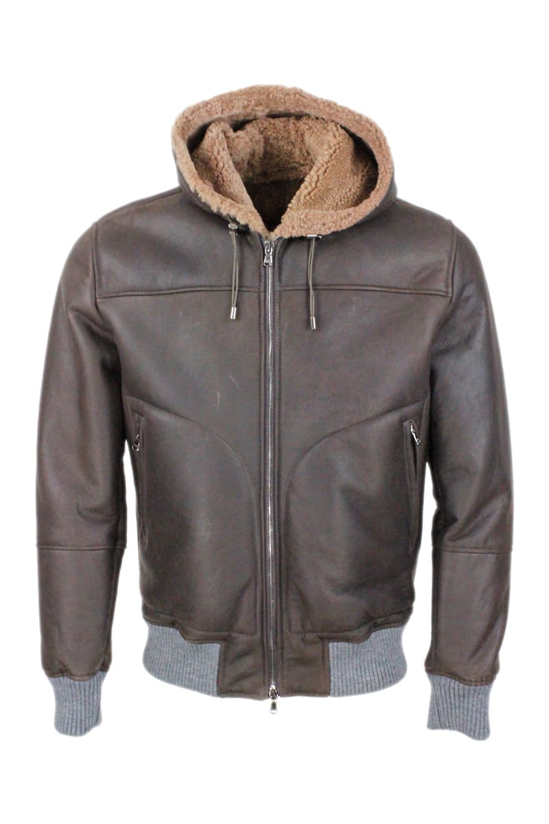 Barba Napoli Shearling Bomber Jacket With Hood With Drawstring And Trims In Stretch Knit And Zip Closure