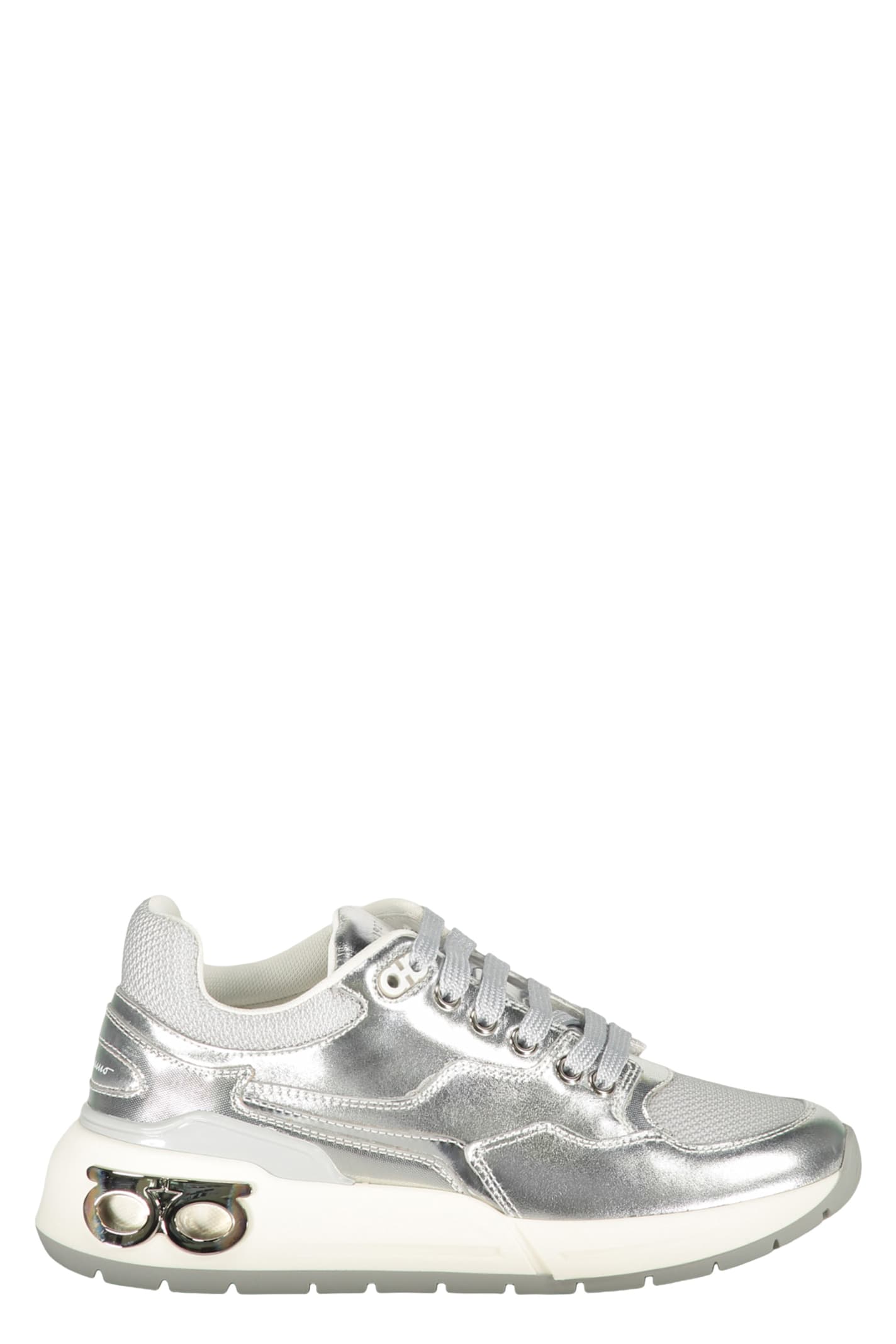 Ferragamo Leather And Fabric Low-top Sneakers In Silver