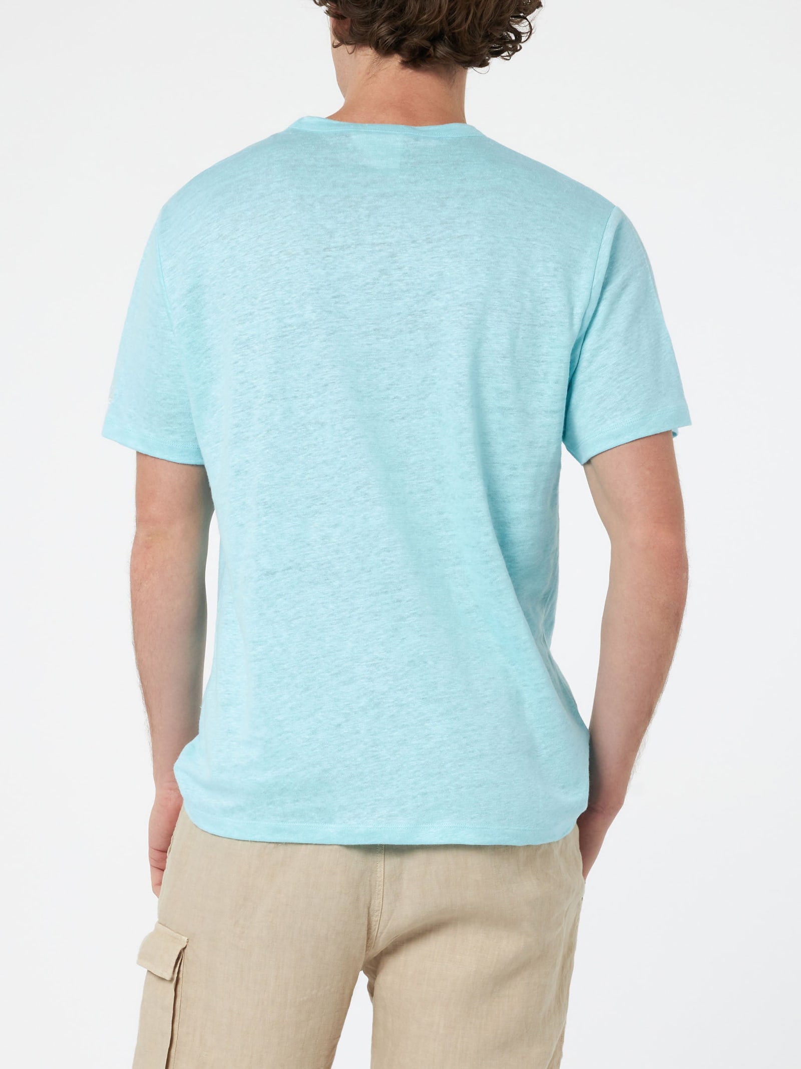 Shop Mc2 Saint Barth Man Water Green Linen Jersey T-shirt Ecstasea With Pocket