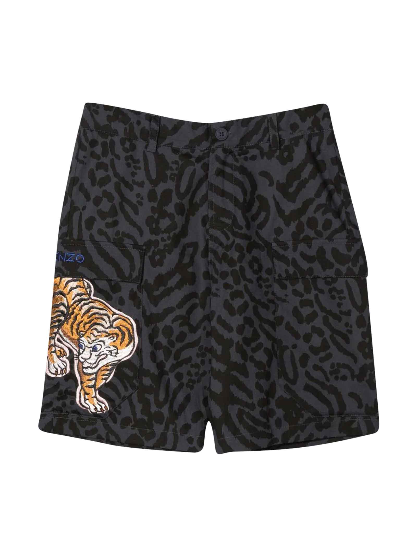 Kenzo Kids Anthracite Boy Shorts With Print. Detail With Application, Tiger Print, Belt Loops, Button Closure And Two Front Pockets With Flap By.