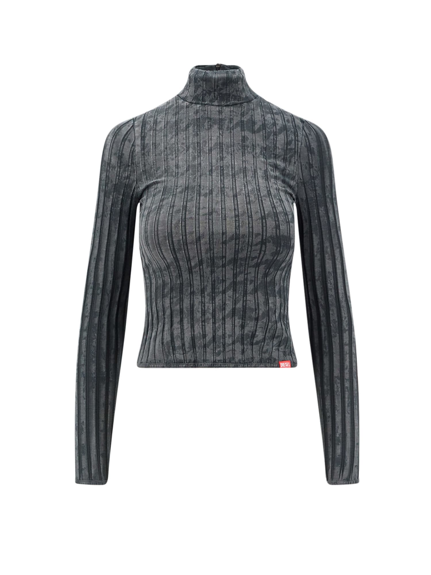 Diesel Stretch Cotton High Neck Long Sleeve Top In Gray