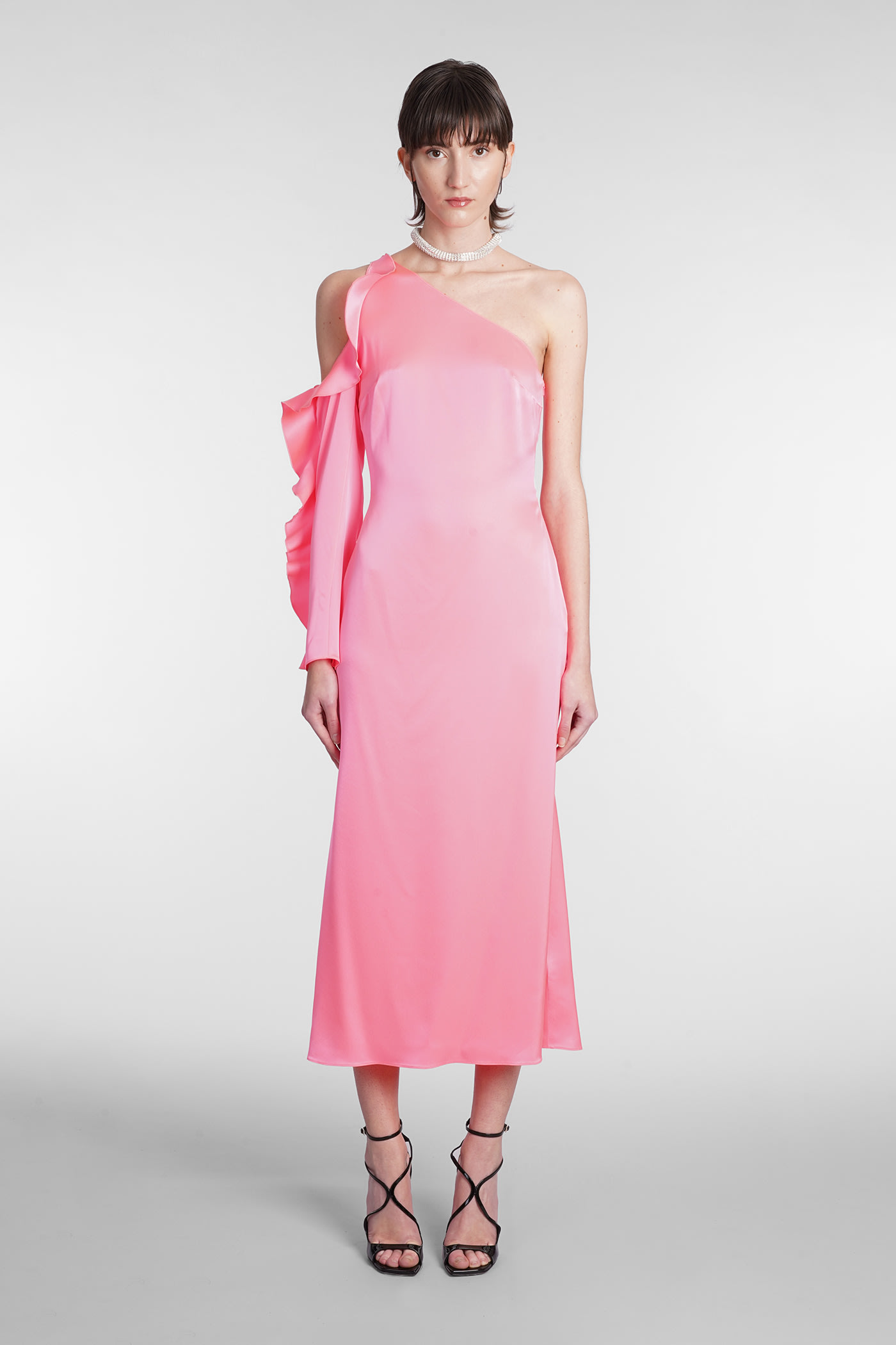 David Koma One-shoulder Satin Midi Dress In Rose-pink