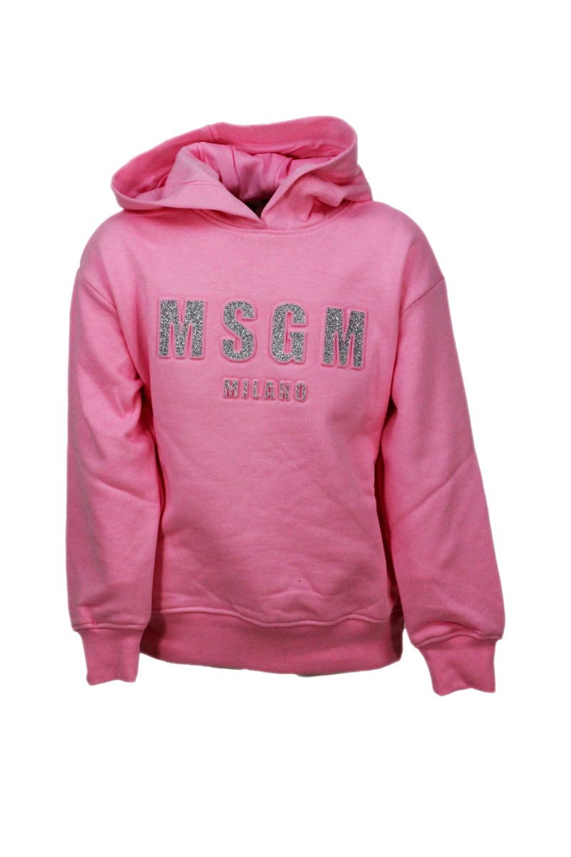 MSGM Long-sleeved Hooded Sweatshirt With Embossed Writing With Lurex
