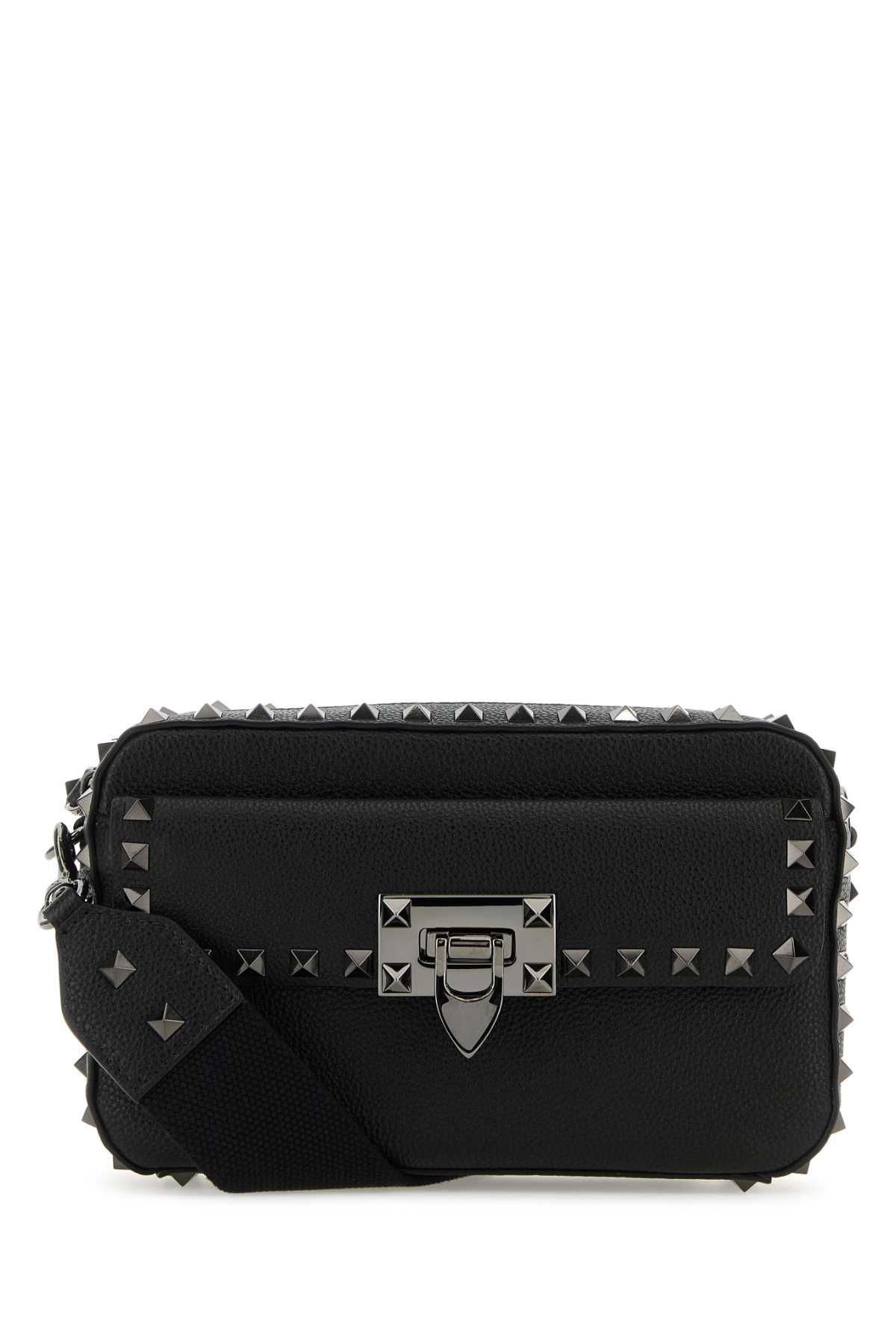 Shop Valentino Black Leather Rockstud Crossbody Bag In Nero